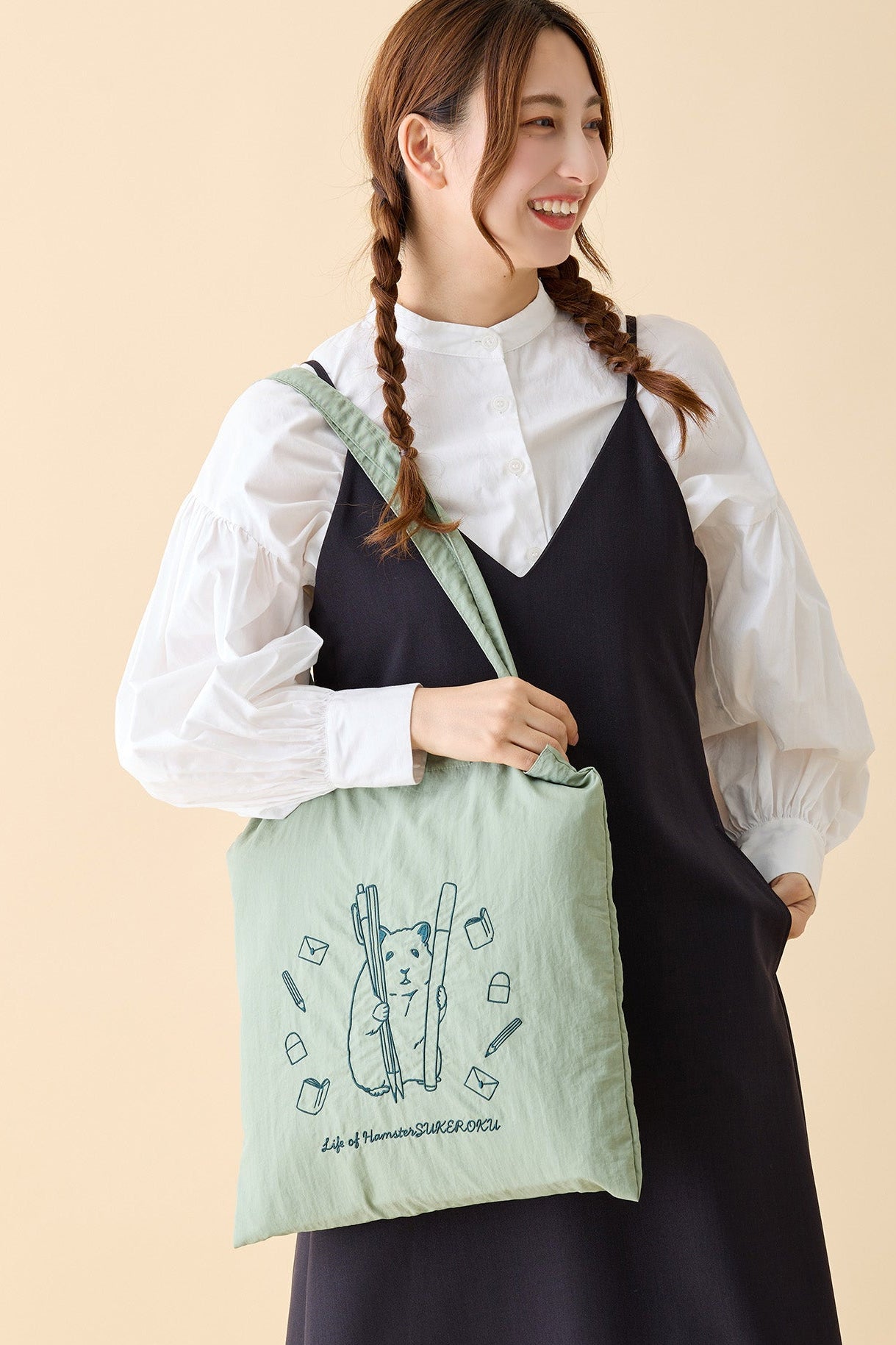 助六の日常 刺繍トートバッグ 文具 グリーン