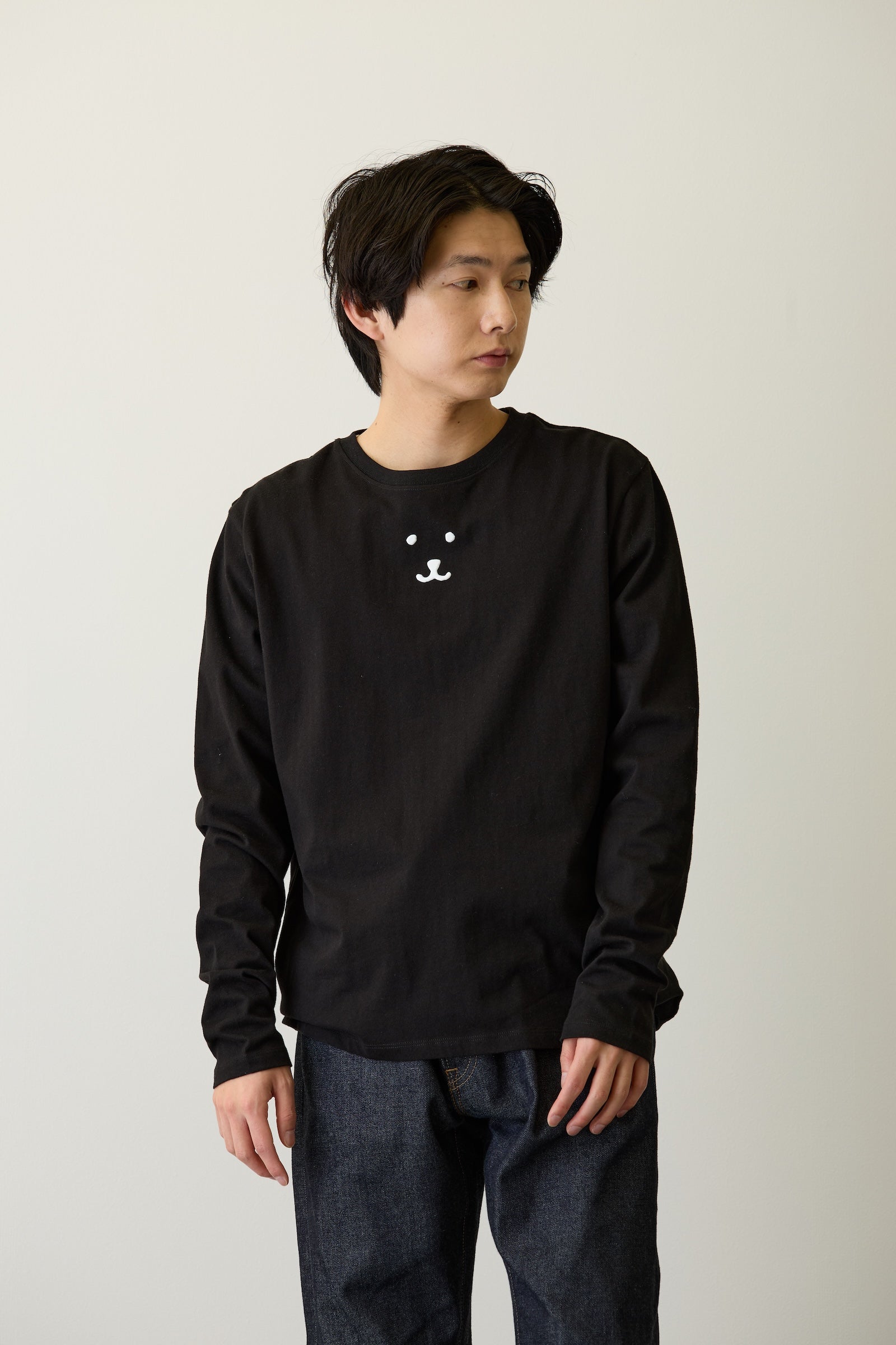 ナガノキャラクターズ 長袖Tシャツ モノクロなくま ブラック