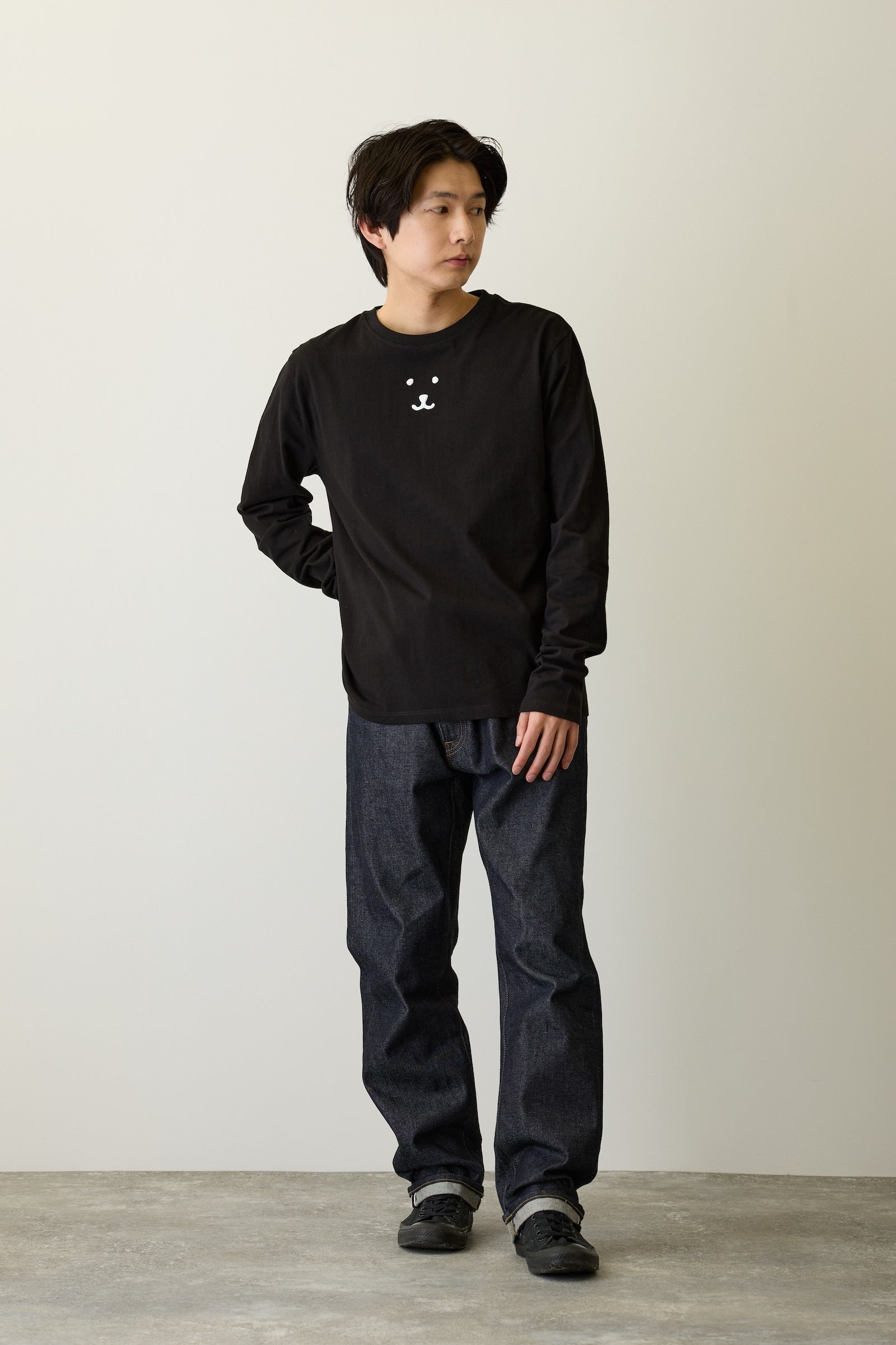 ナガノキャラクターズ 長袖Tシャツ モノクロなくま ブラック