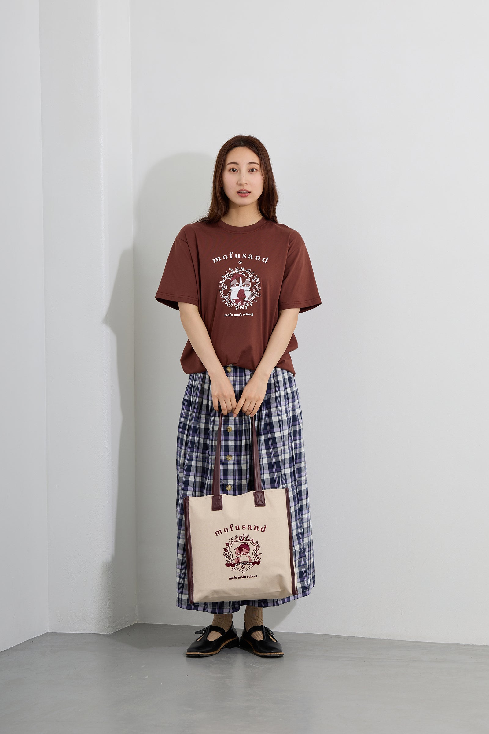 【2BUY10%OFF対象商品】mofusand トートバッグ カレッジ風いちごにゃん ローズブラウン