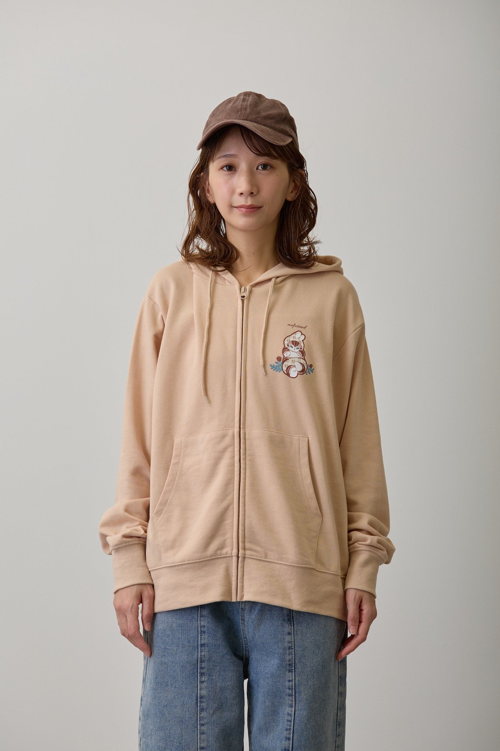 【2BUY10%OFF対象商品】mofusand ZIPパーカー カントリーチェック うさにゃん ナチュラル