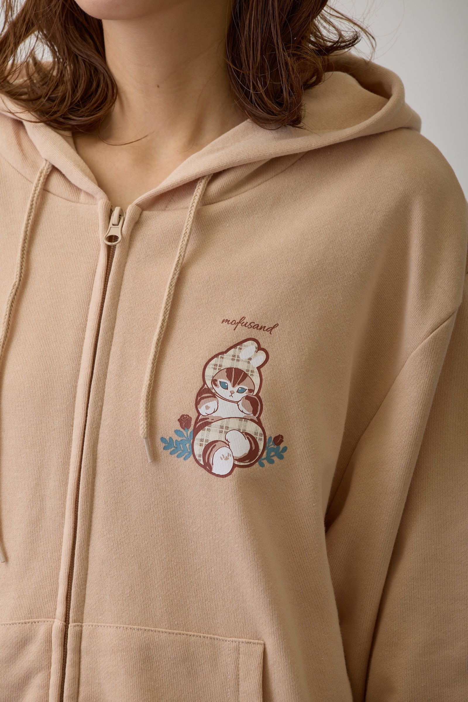 【2BUY10%OFF対象商品】mofusand ZIPパーカー カントリーチェック うさにゃん ナチュラル