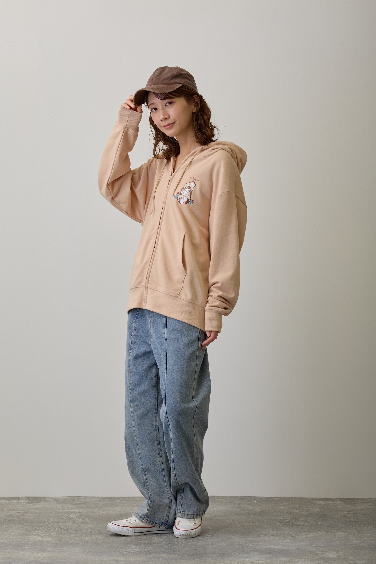 【2BUY10%OFF対象商品】mofusand ZIPパーカー カントリーチェック うさにゃん ナチュラル