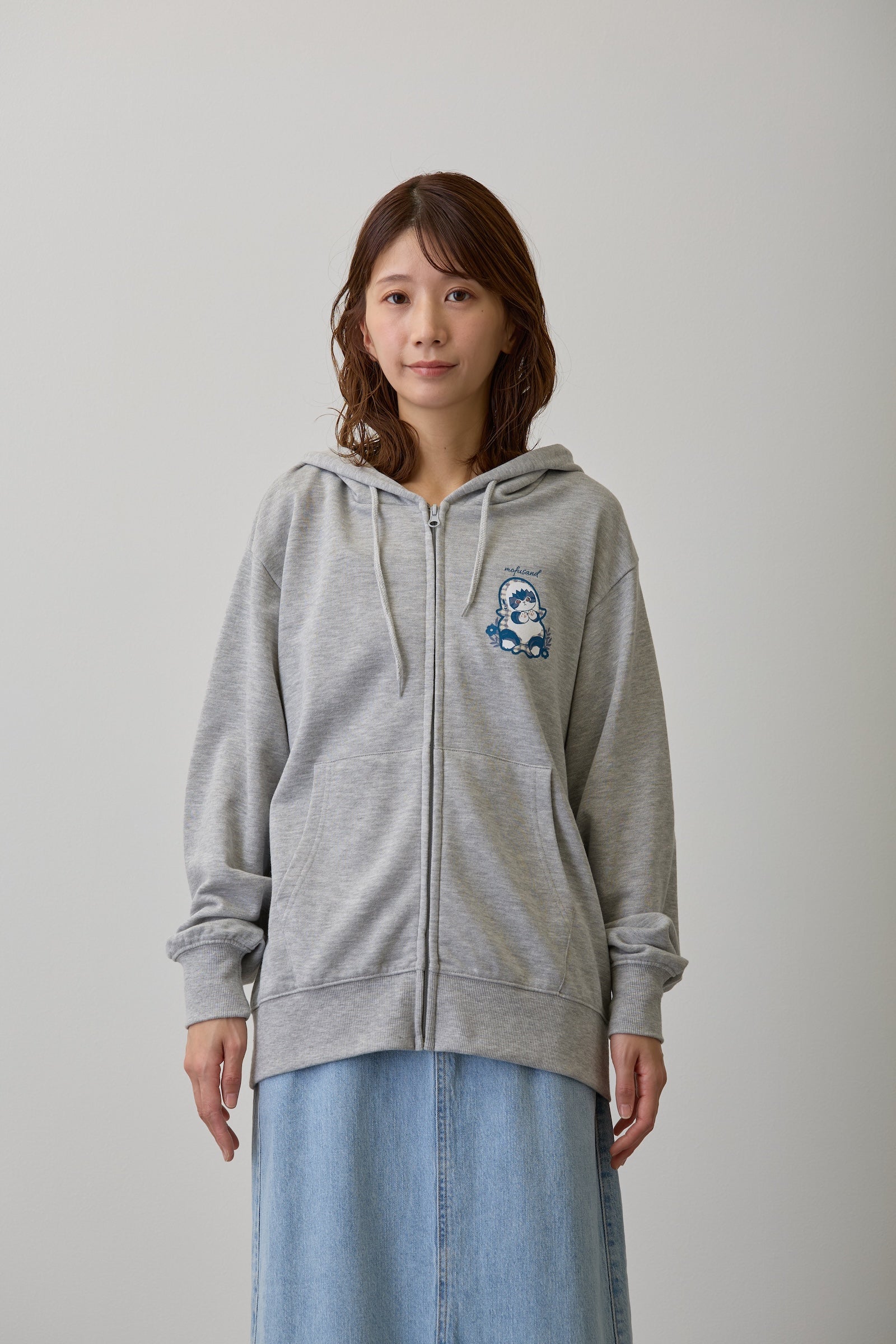 【2BUY10%OFF対象商品】mofusand ZIPパーカー カントリーチェック サメにゃん グレー