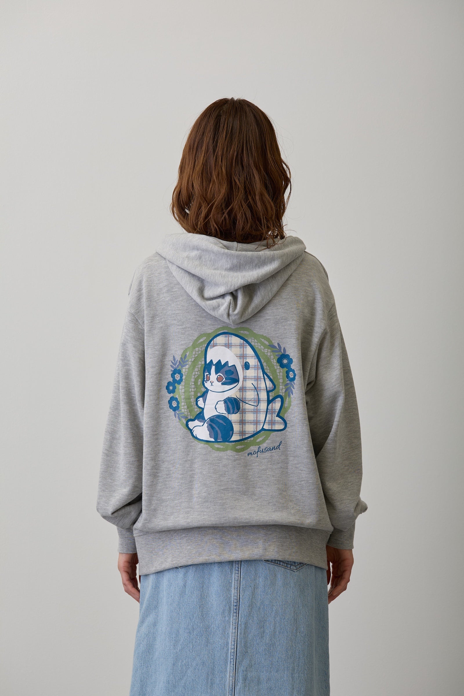 【2BUY10%OFF対象商品】mofusand ZIPパーカー カントリーチェック サメにゃん グレー