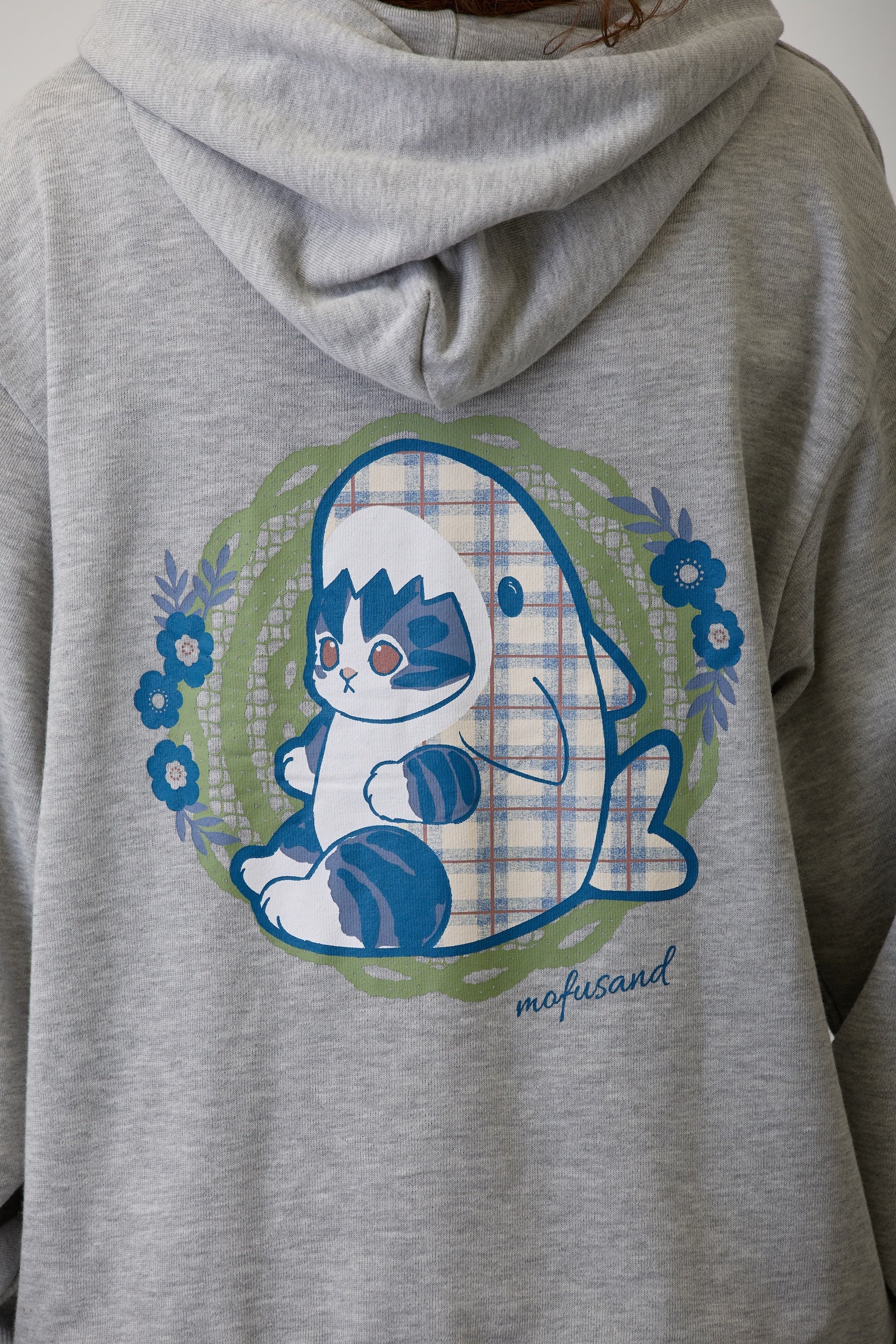 【2BUY10%OFF対象商品】mofusand ZIPパーカー カントリーチェック サメにゃん グレー