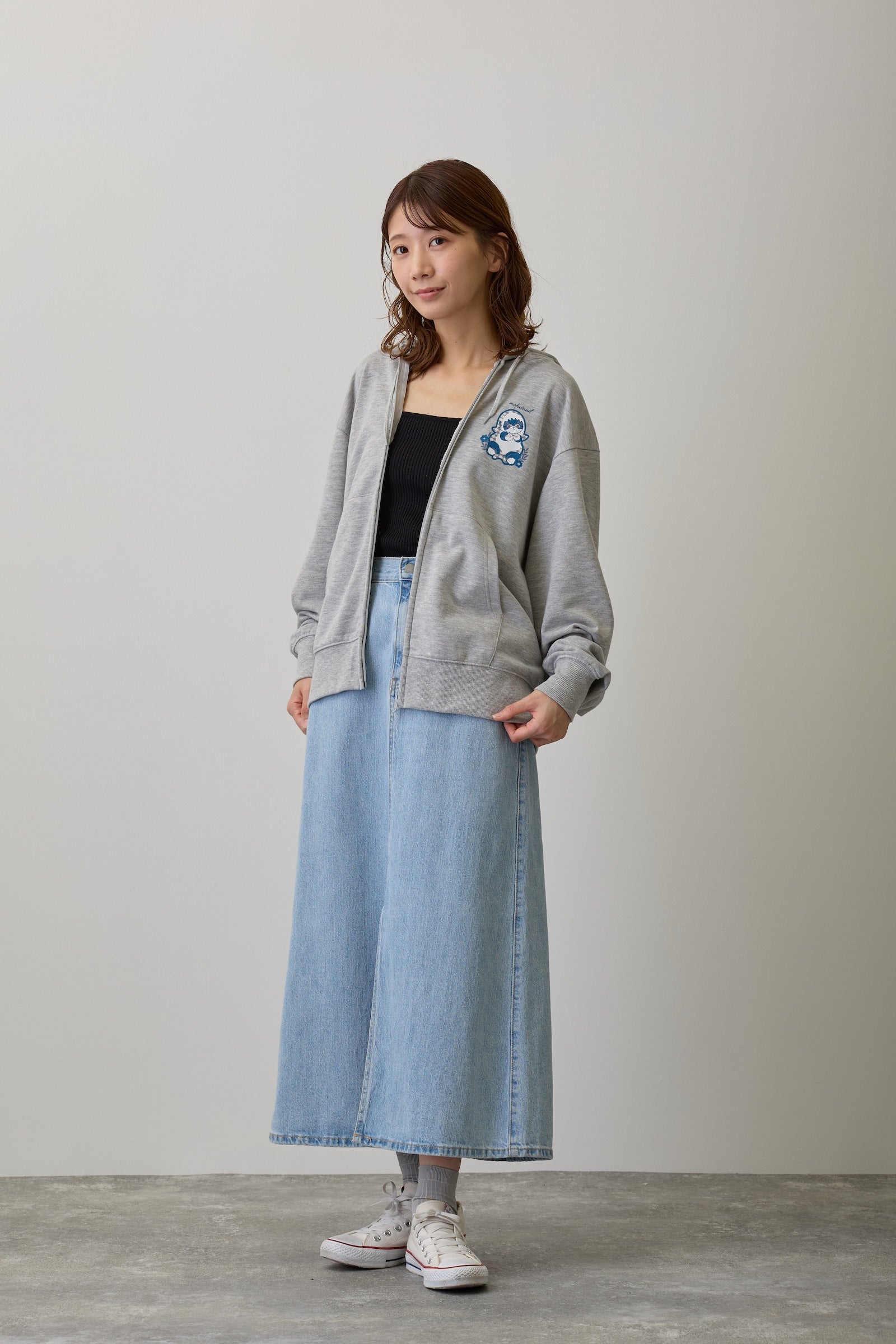 【2BUY10%OFF対象商品】mofusand ZIPパーカー カントリーチェック サメにゃん グレー