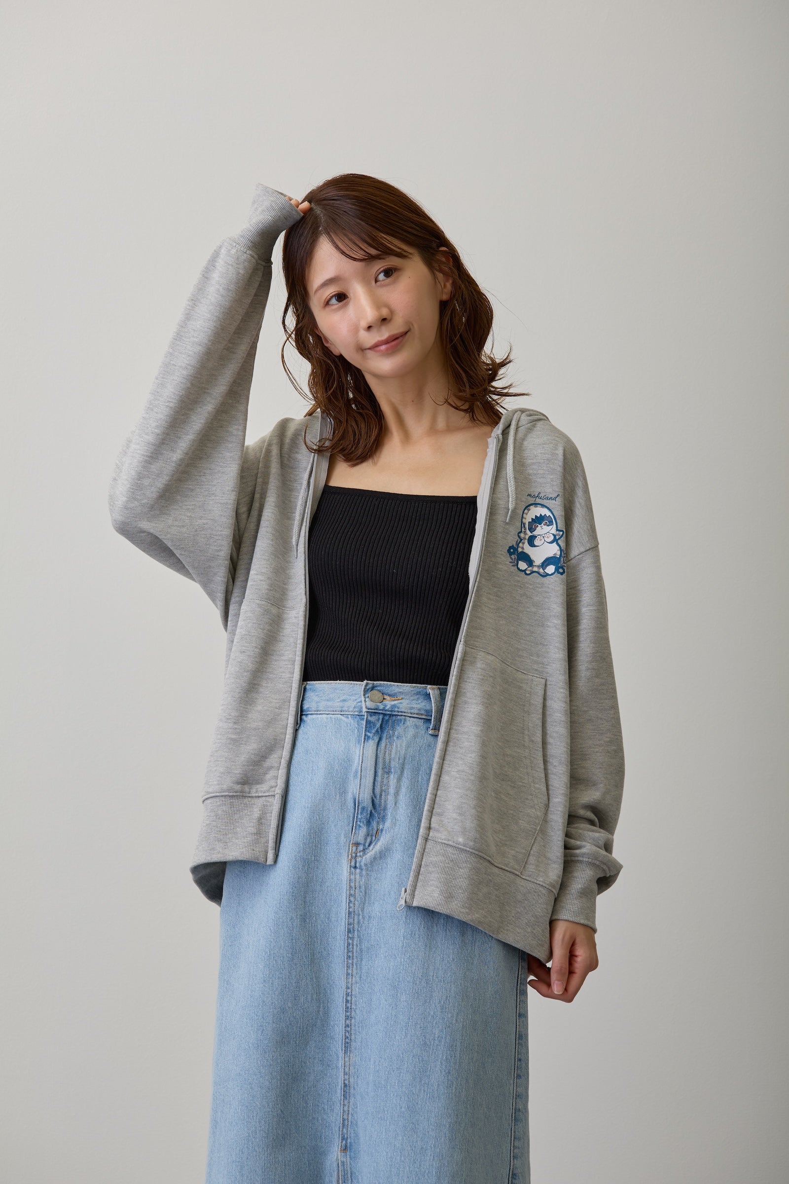 【2BUY10%OFF対象商品】mofusand ZIPパーカー カントリーチェック サメにゃん グレー