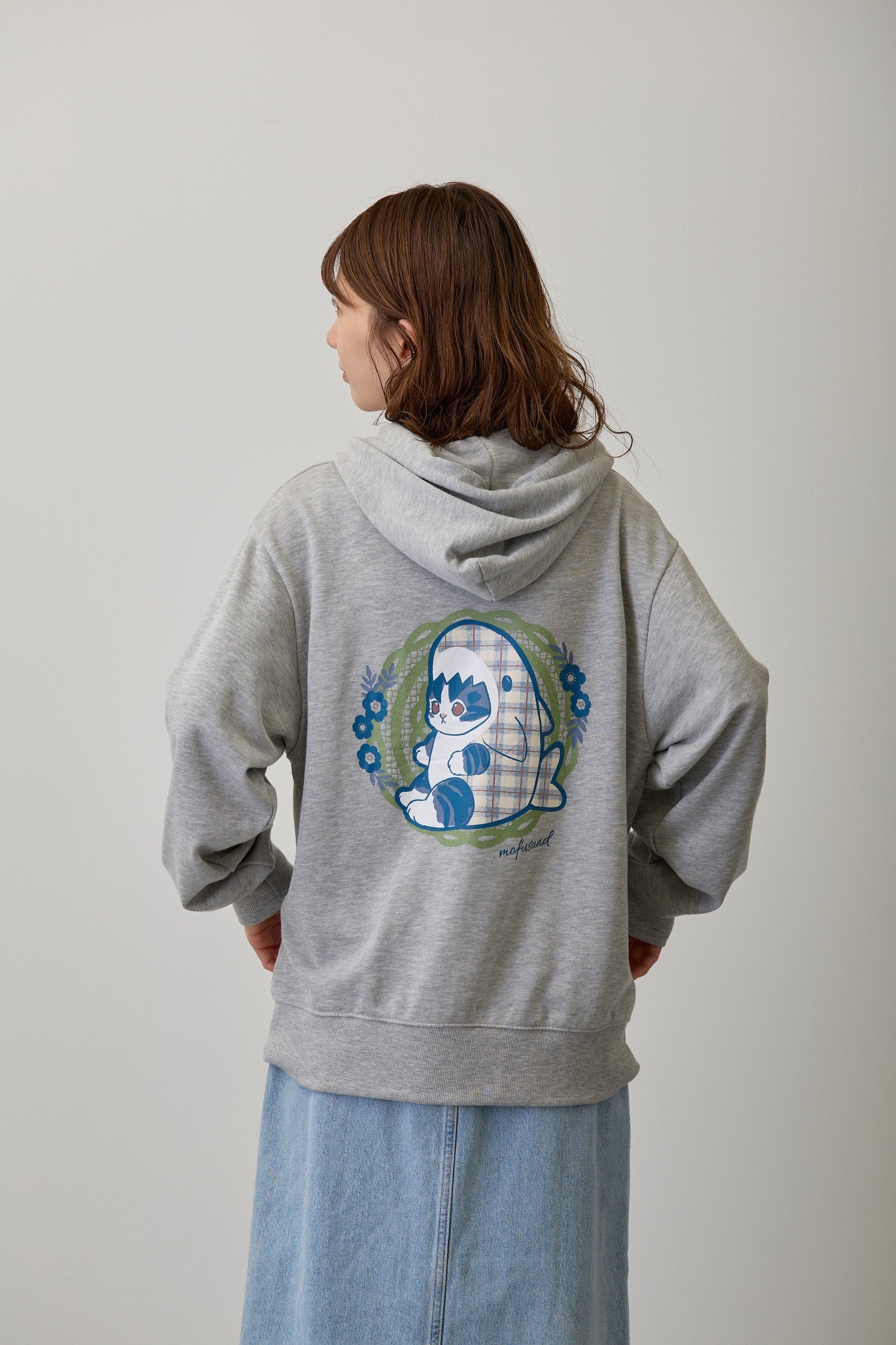 【2BUY10%OFF対象商品】mofusand ZIPパーカー カントリーチェック サメにゃん グレー