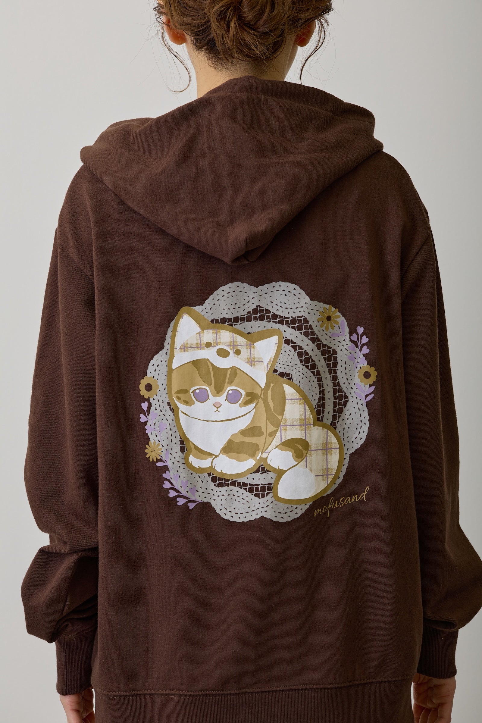 【2BUY10%OFF対象商品】mofusand ZIPパーカー カントリーチェック きつねにゃん ダークブラウン