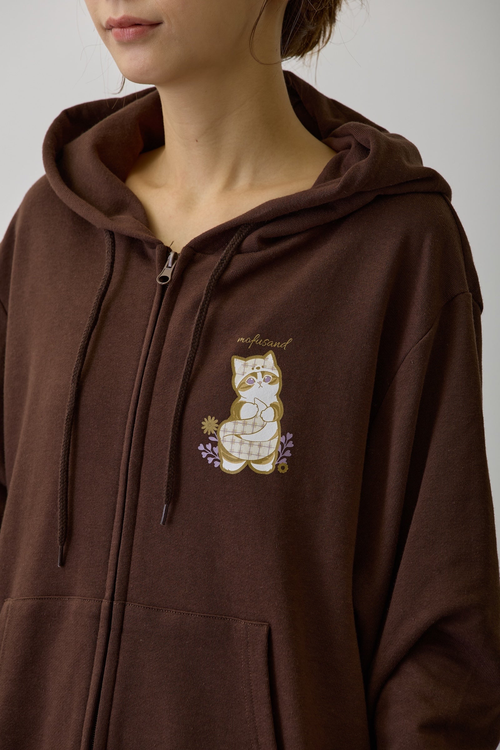 【2BUY10%OFF対象商品】mofusand ZIPパーカー カントリーチェック きつねにゃん ダークブラウン