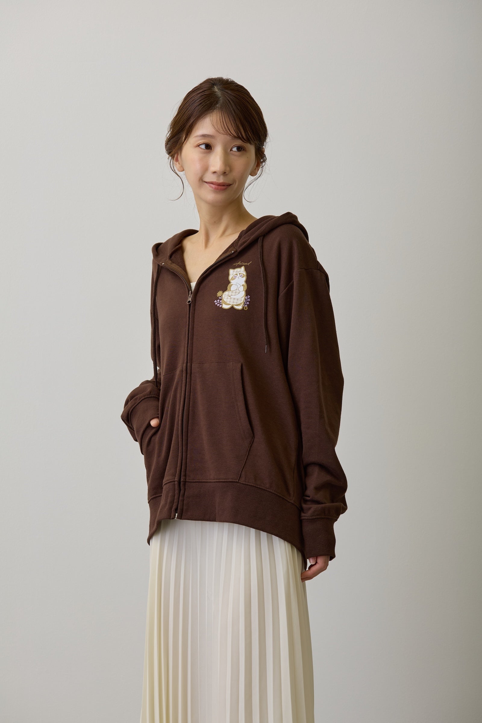 【2BUY10%OFF対象商品】mofusand ZIPパーカー カントリーチェック きつねにゃん ダークブラウン