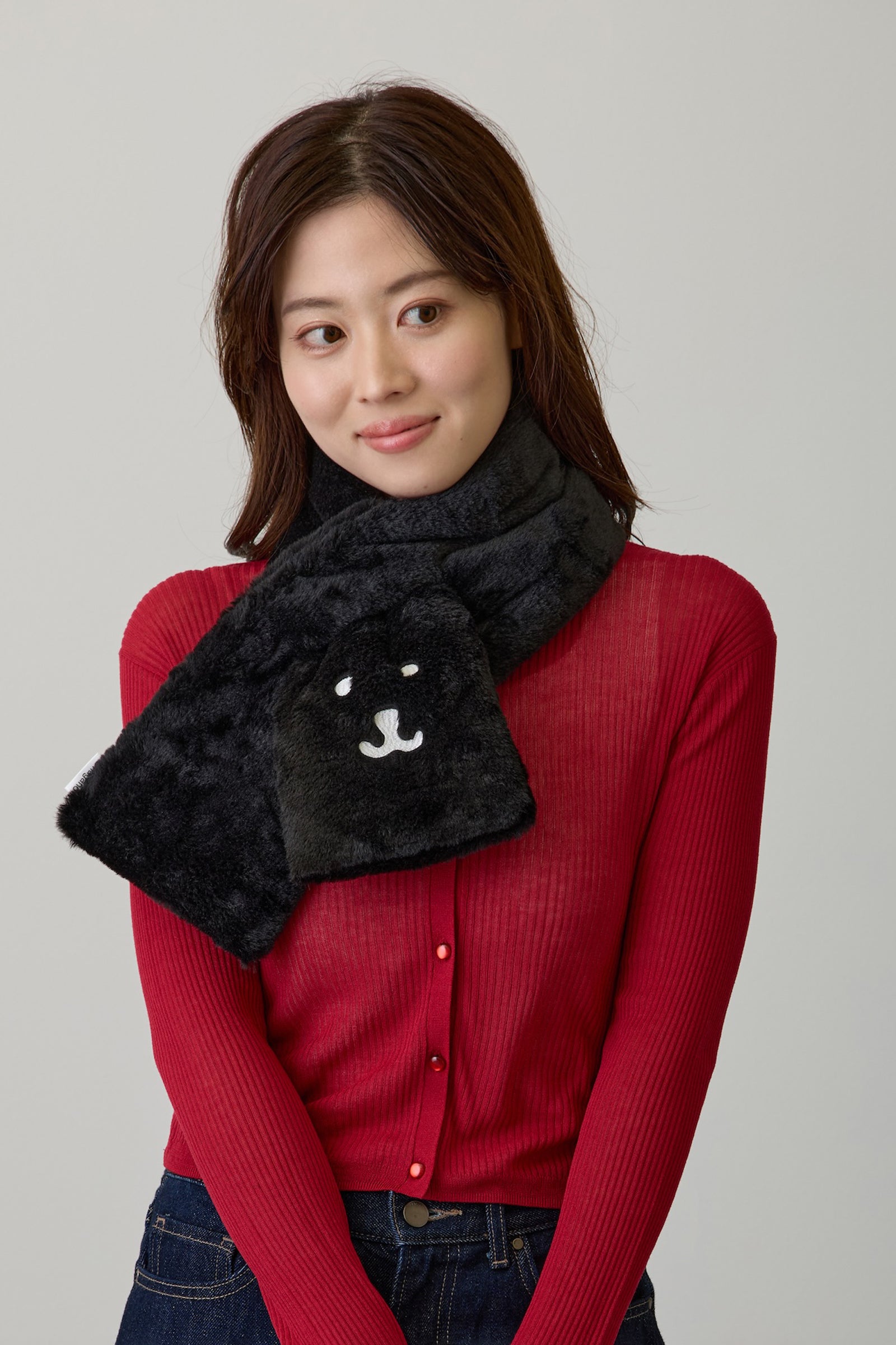 【2BUY10%OFF対象商品】ナガノキャラクターズ ファーマフラー くまフェイス ブラック ONE