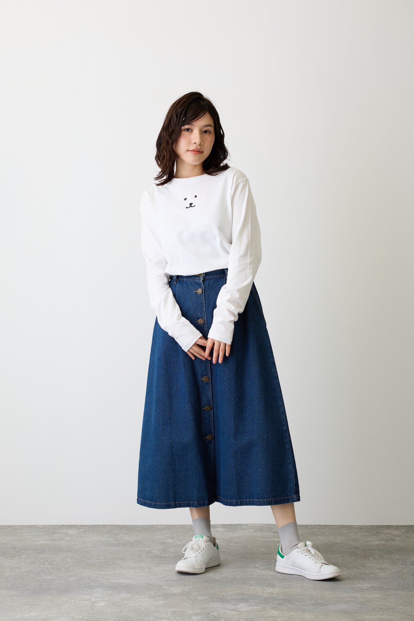 ナガノキャラクターズ 長袖Tシャツ モノクロなくま ホワイト