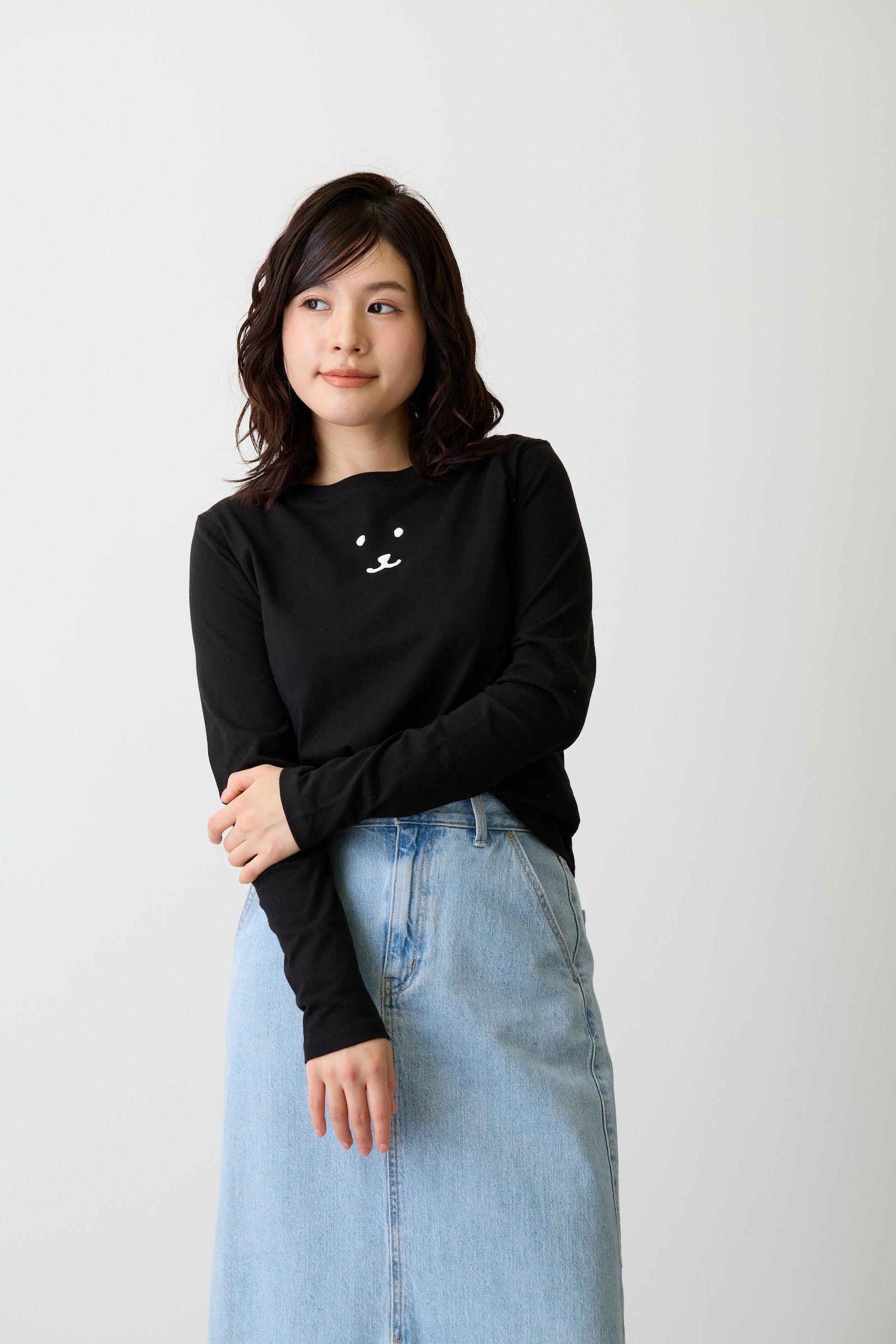 ナガノキャラクターズ 長袖Tシャツ モノクロなくま ブラック