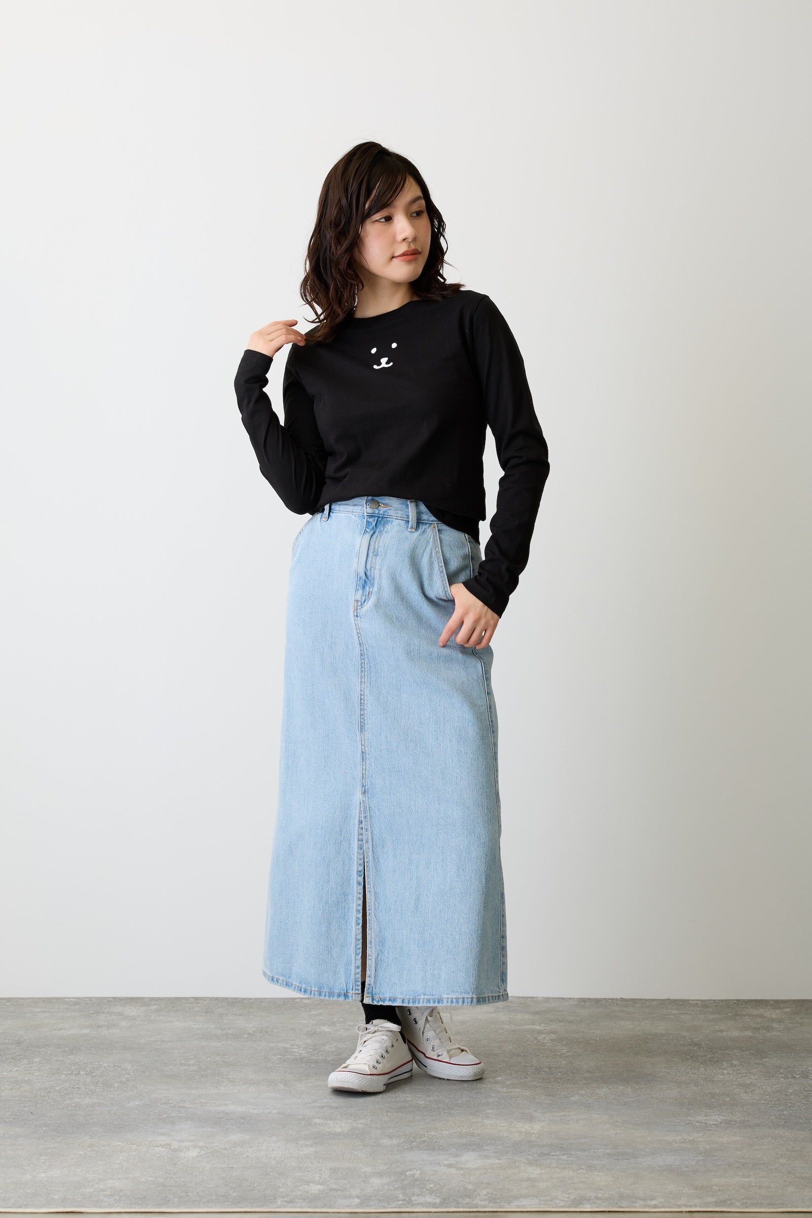 ナガノキャラクターズ 長袖Tシャツ モノクロなくま ブラック