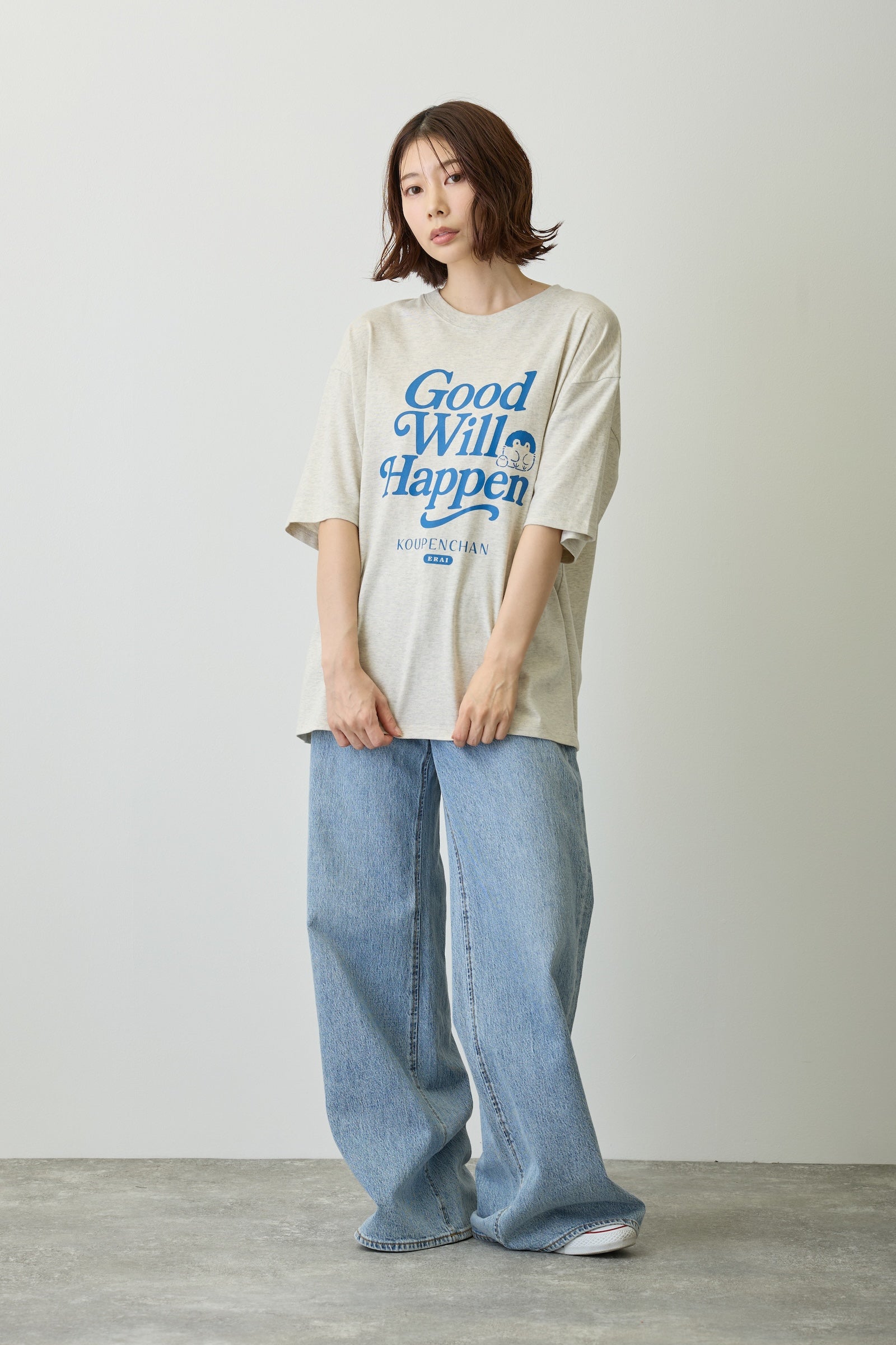 【2BUY10%OFF対象商品】コウペンちゃん ビッグシルエットTシャツ Good Will Happen シロ杢