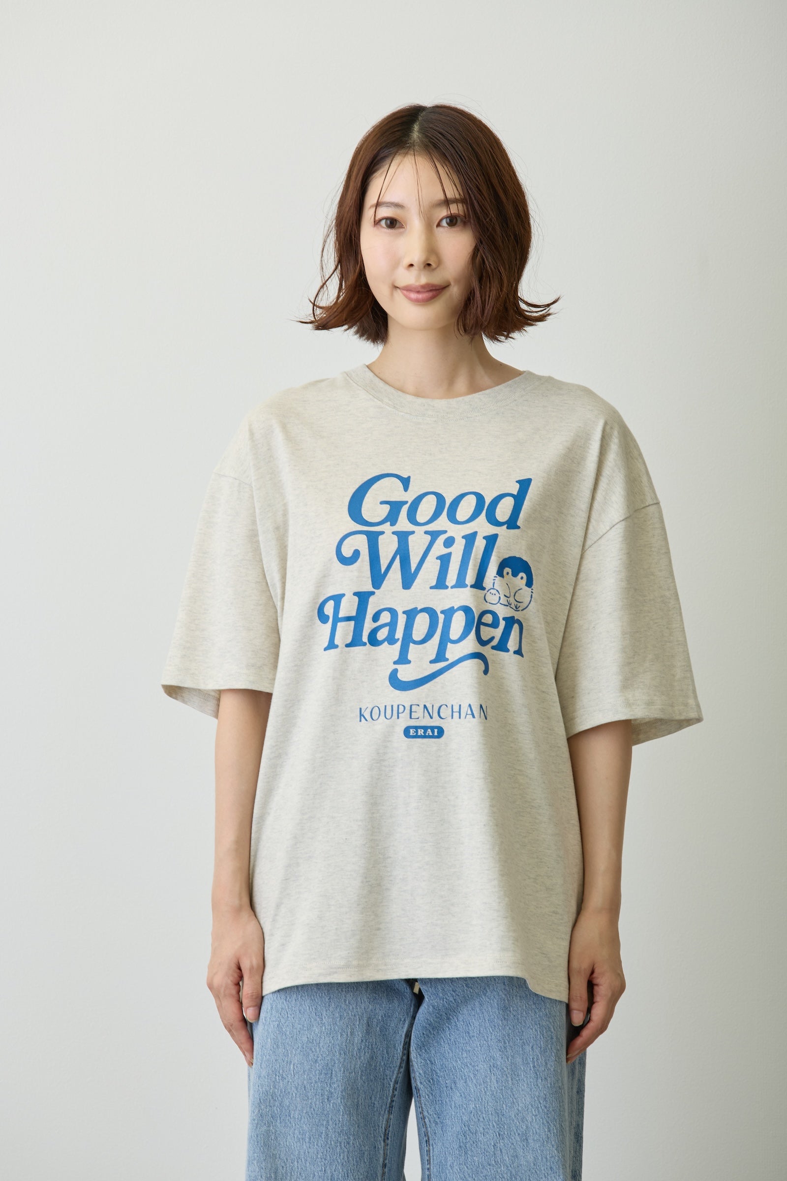 【2BUY10%OFF対象商品】コウペンちゃん ビッグシルエットTシャツ Good Will Happen シロ杢