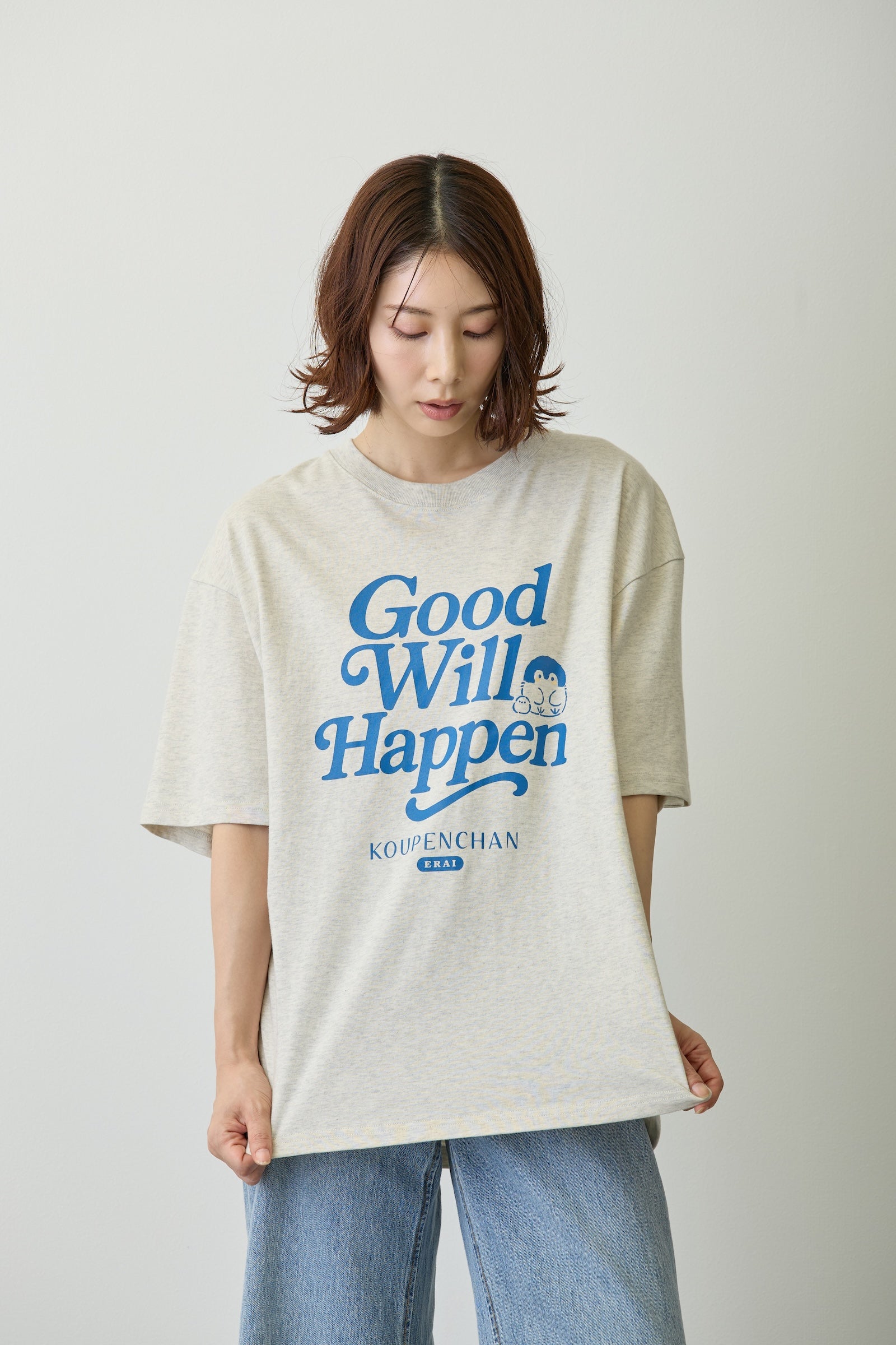 【2BUY10%OFF対象商品】コウペンちゃん ビッグシルエットTシャツ Good Will Happen シロ杢