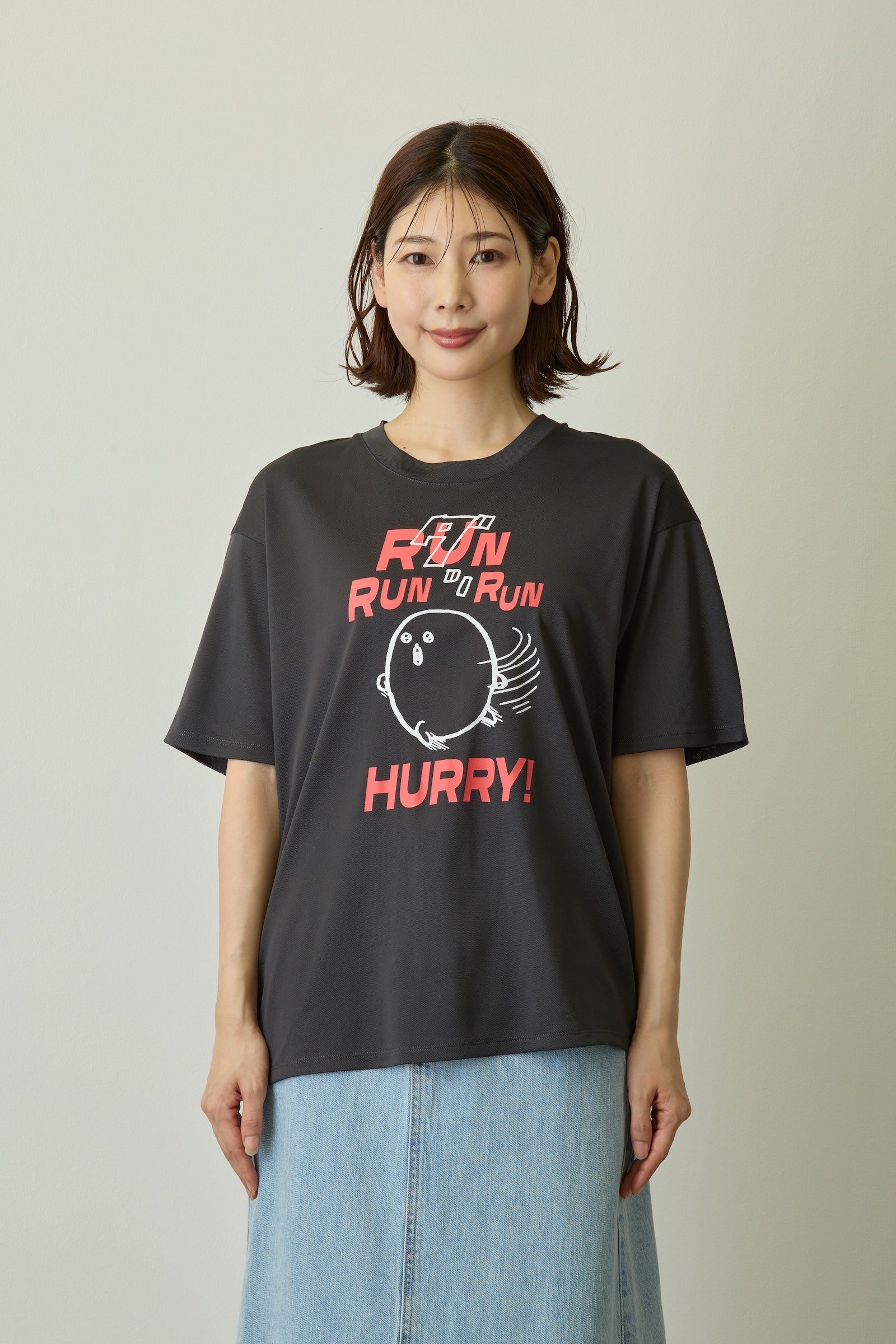 ナガノキャラクターズ ドライTシャツ RUN もぐらコロッケ チャコール