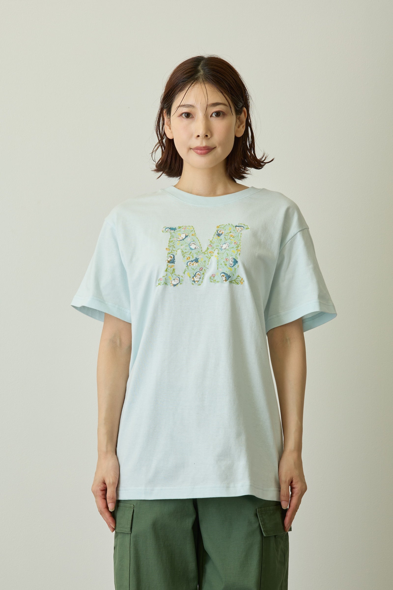 mofusand×日比谷花壇 Tシャツ ボタニカル ペールブルー