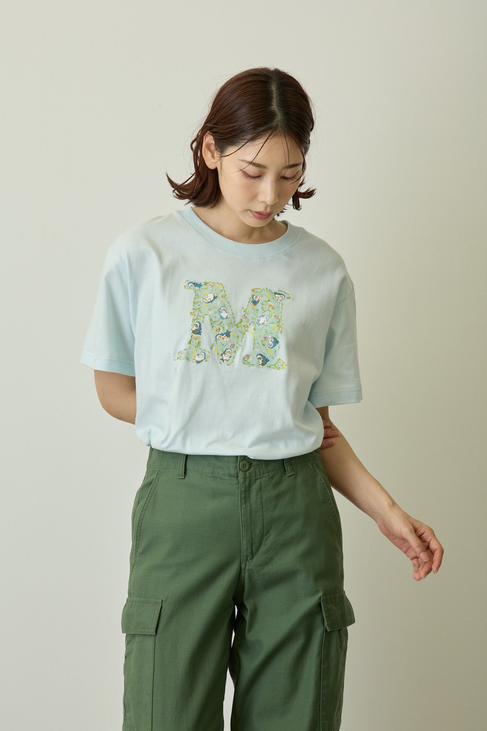 mofusand×日比谷花壇 Tシャツ ボタニカル ペールブルー