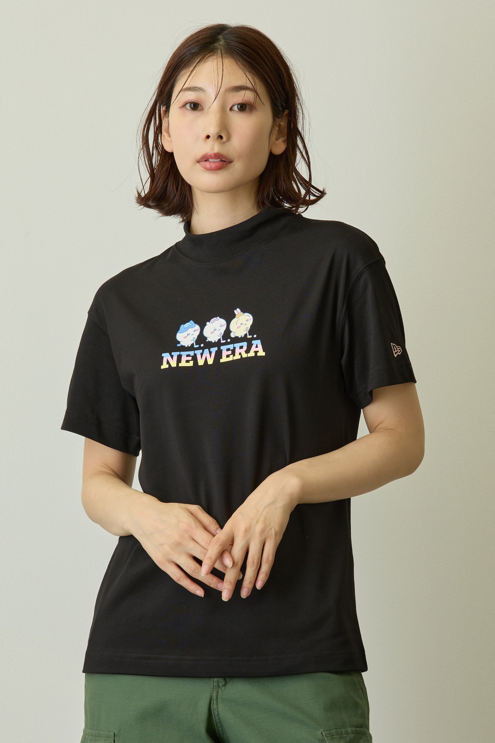 Women's 半袖 ミッドネック Tシャツ 鹿の子 ちいかわ / ちいかわ・ハチワレ・うさぎ ブラック/クロームホワイト | ゴルフ