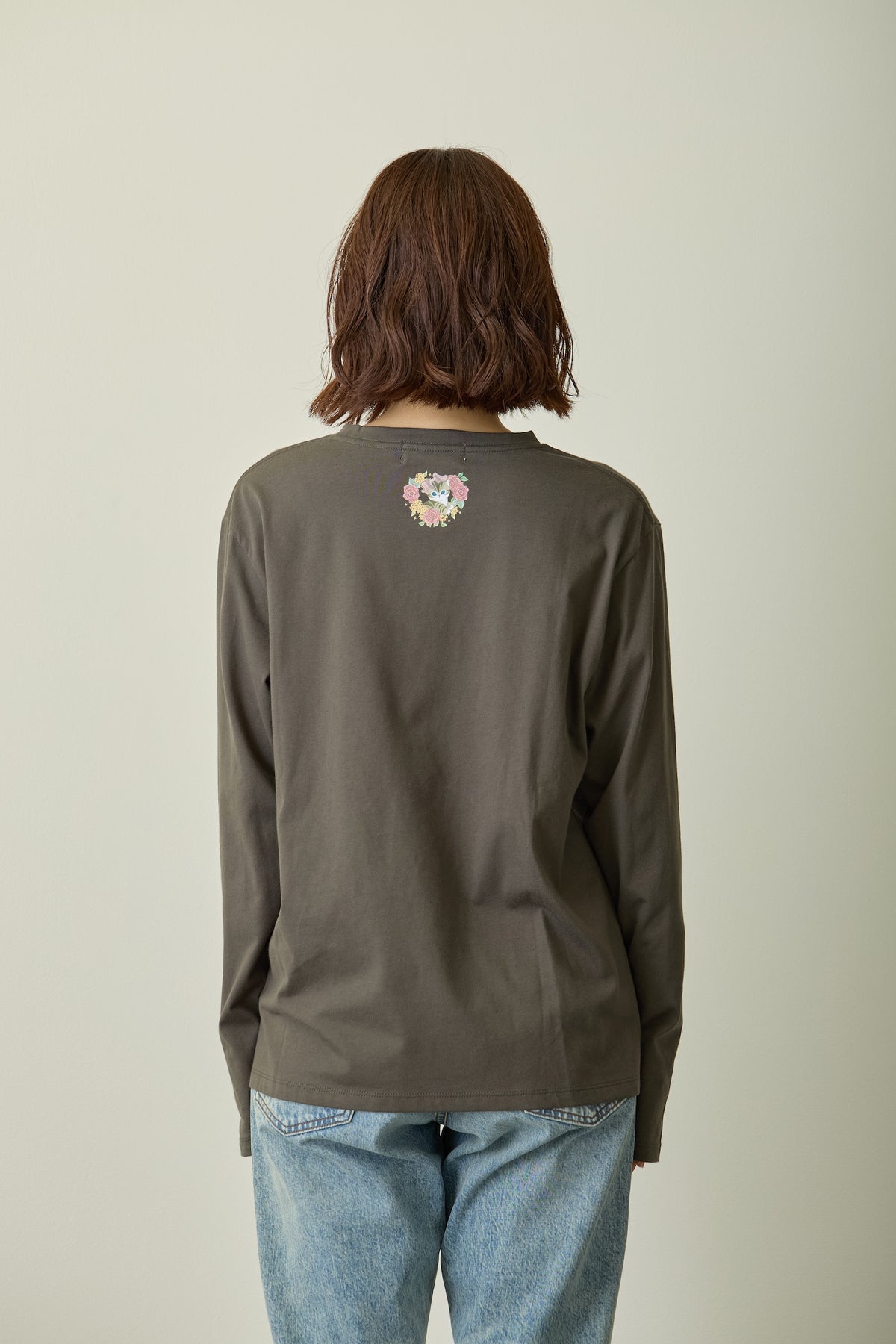 mofusand×日比谷花壇 長袖Tシャツ バラ柄 スミクロ