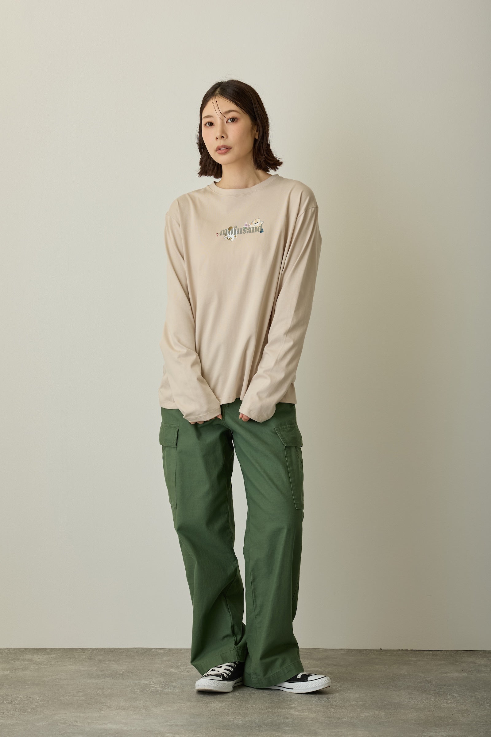 mofusand×日比谷花壇 長袖Tシャツ リーフ柄 ベージュ