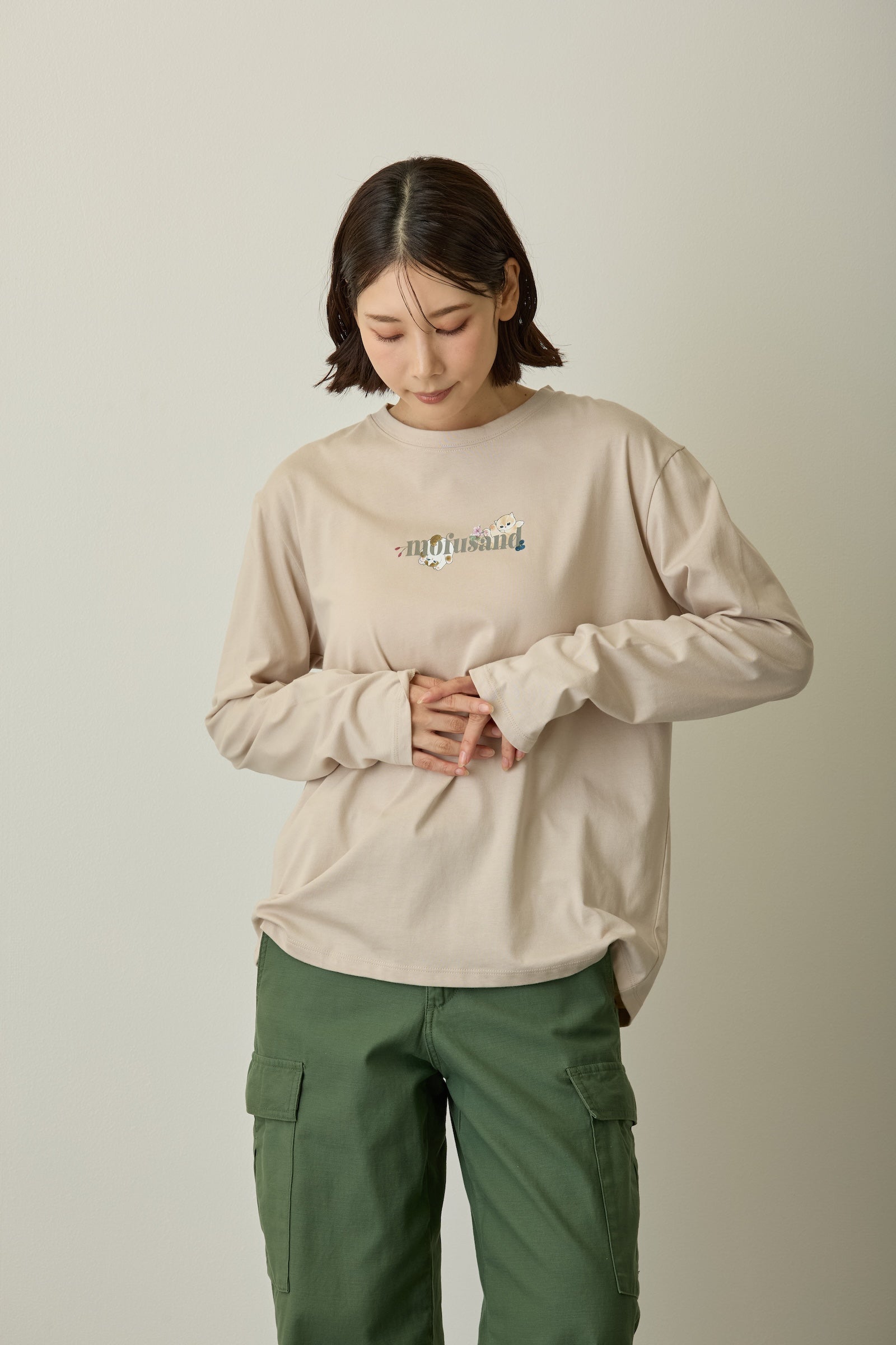 mofusand×日比谷花壇 長袖Tシャツ リーフ柄 ベージュ