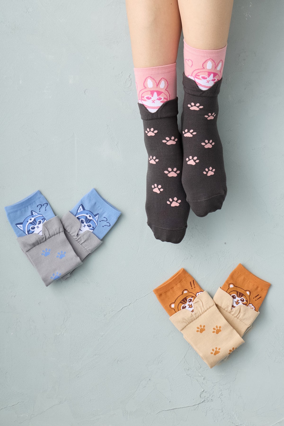 mofusand レイヤード風ソックス きつねにゃん ブルー 22-24cm