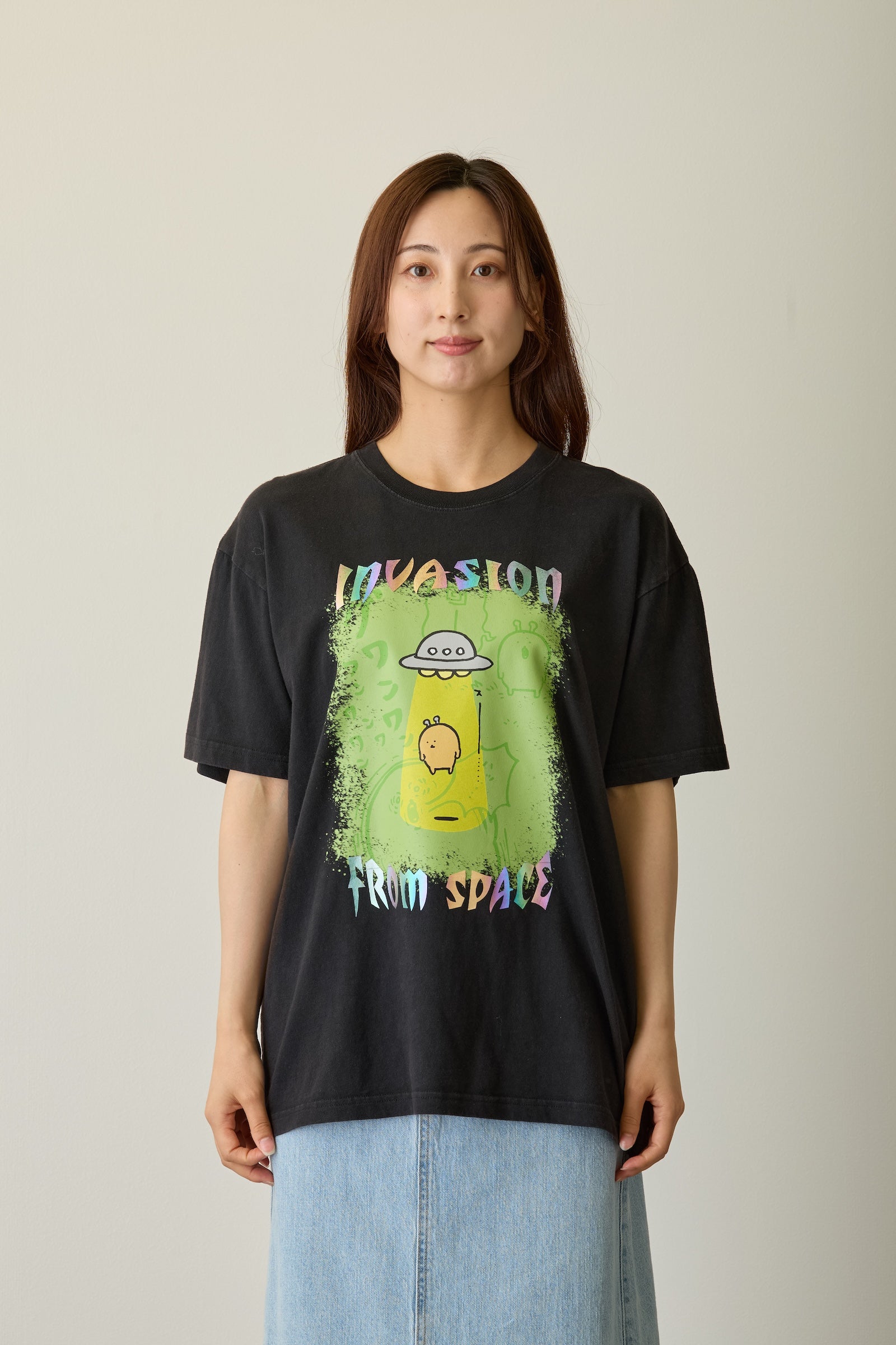 【先行販売】ナガノキャラクターズ 箔プリントTシャツ もぐらコロッケ(宇宙人) ブラック