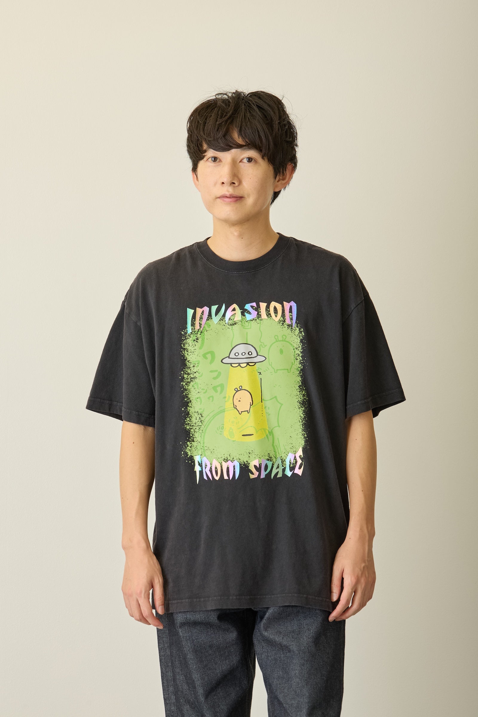 【先行販売】ナガノキャラクターズ 箔プリントTシャツ もぐらコロッケ(宇宙人) ブラック