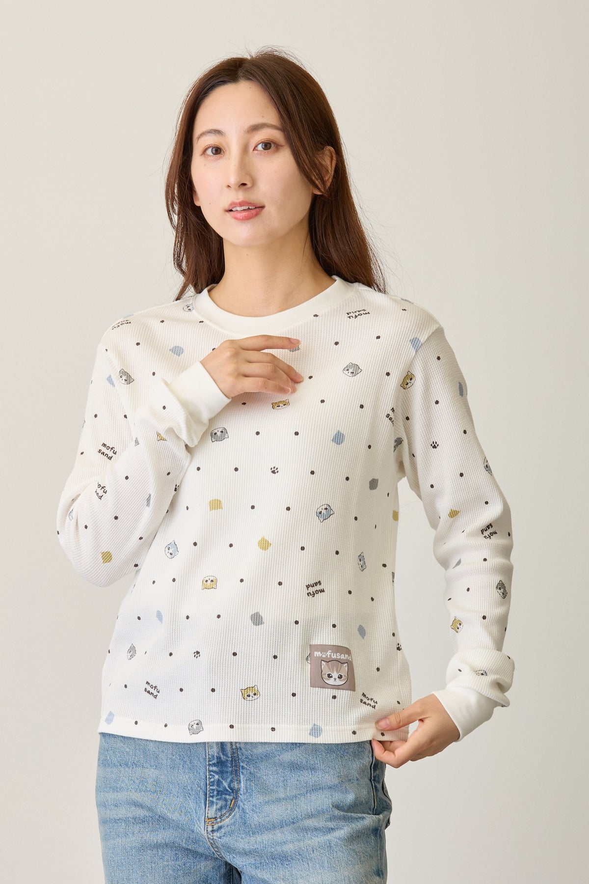 mofusand ワッフル長袖Tシャツ ドット柄 ホワイト