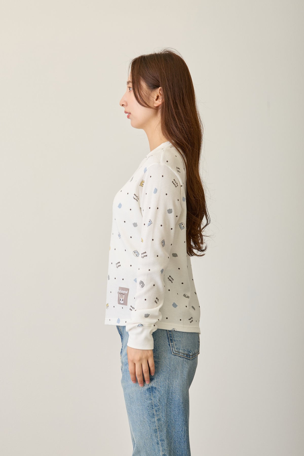 mofusand ワッフル長袖Tシャツ ドット柄 ホワイト