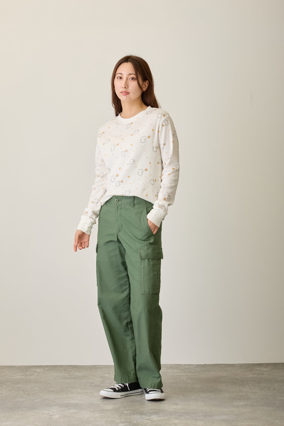 ナガノキャラクターズ ワッフル長袖Tシャツ ラムネリナイト ホワイト