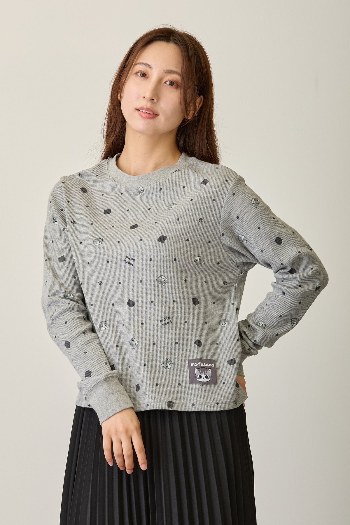 mofusand ワッフル長袖Tシャツ ドット柄 グレー