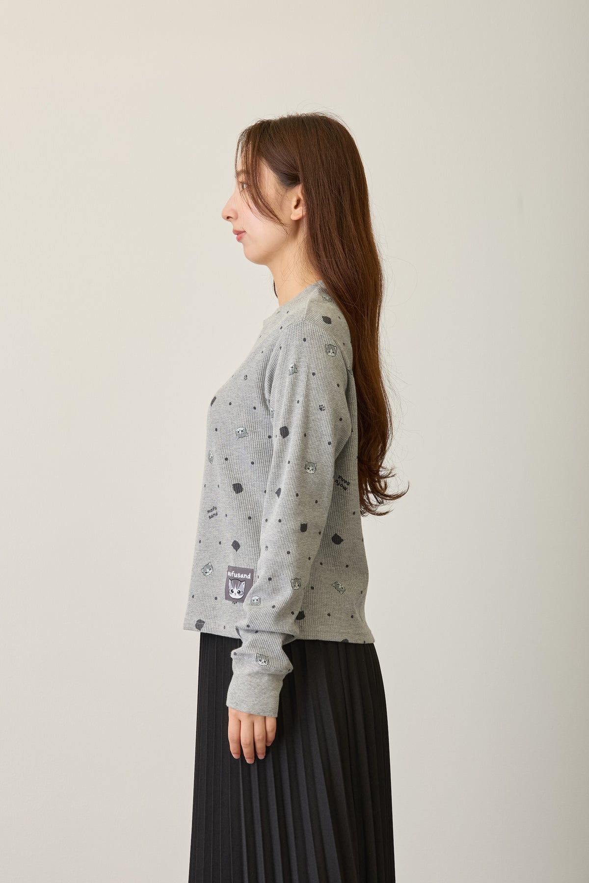 mofusand ワッフル長袖Tシャツ ドット柄 グレー