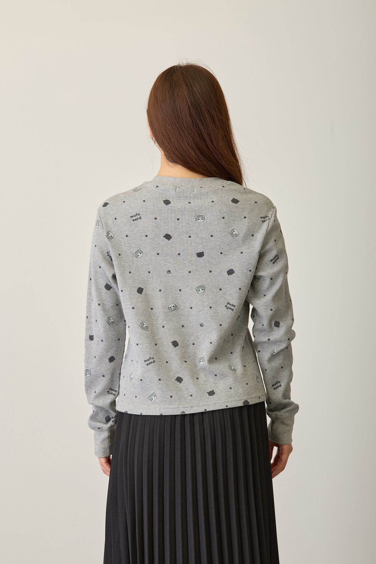 mofusand ワッフル長袖Tシャツ ドット柄 グレー