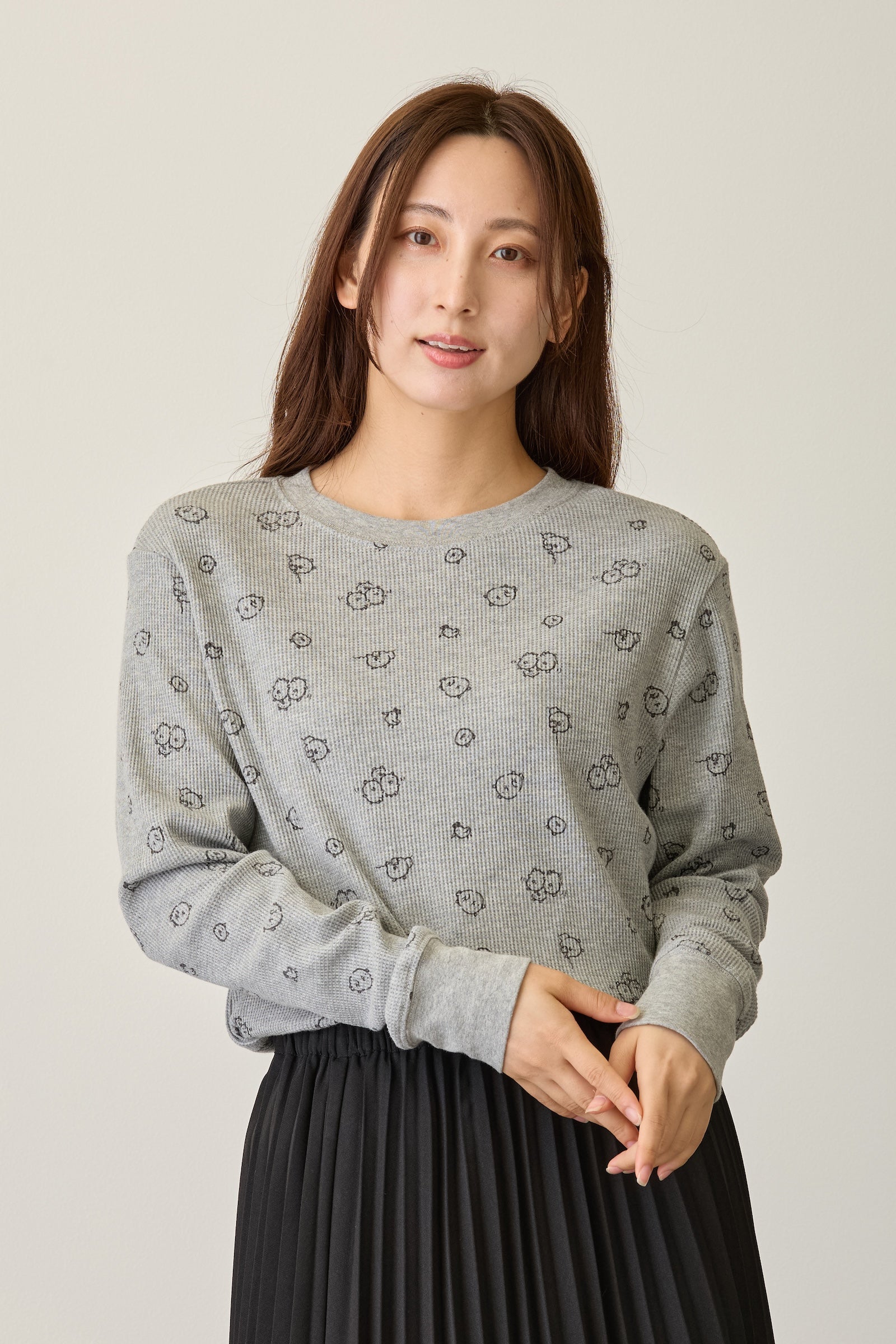 ナガノキャラクターズ ワッフル長袖Tシャツ 思いを馳せる グレー