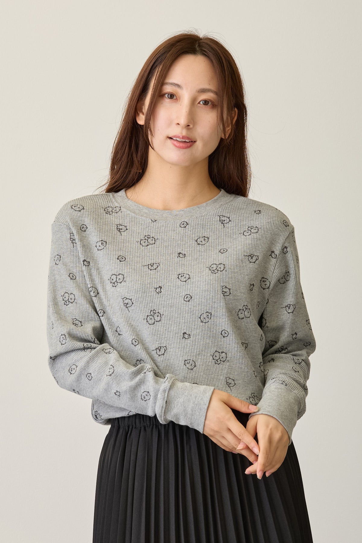 ナガノキャラクターズ ワッフル長袖Tシャツ 思いを馳せる グレー