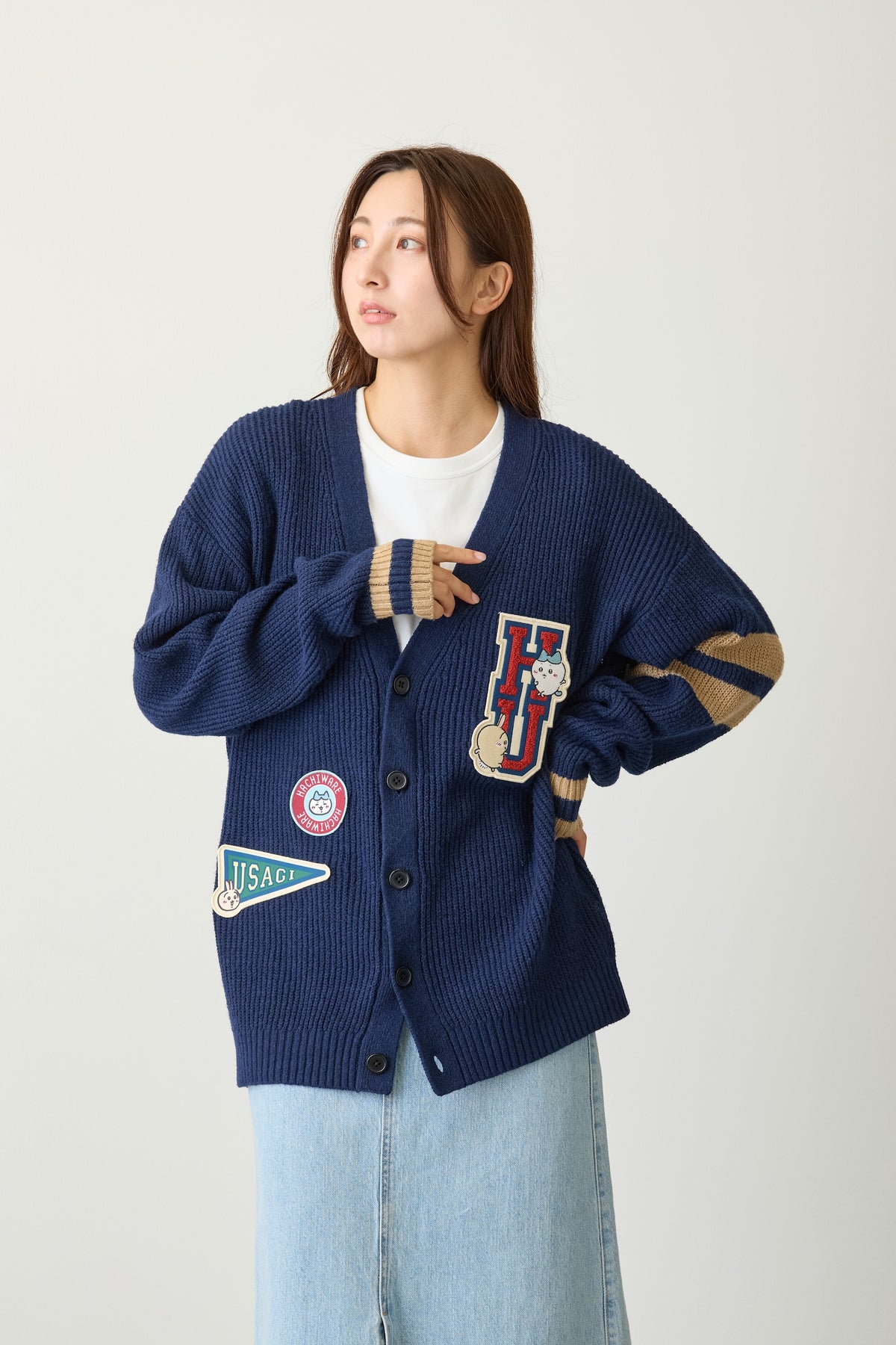 ちいかわ ニットカーディガン カレッジ(ハチワレ&うさぎ) ネイビー FREE