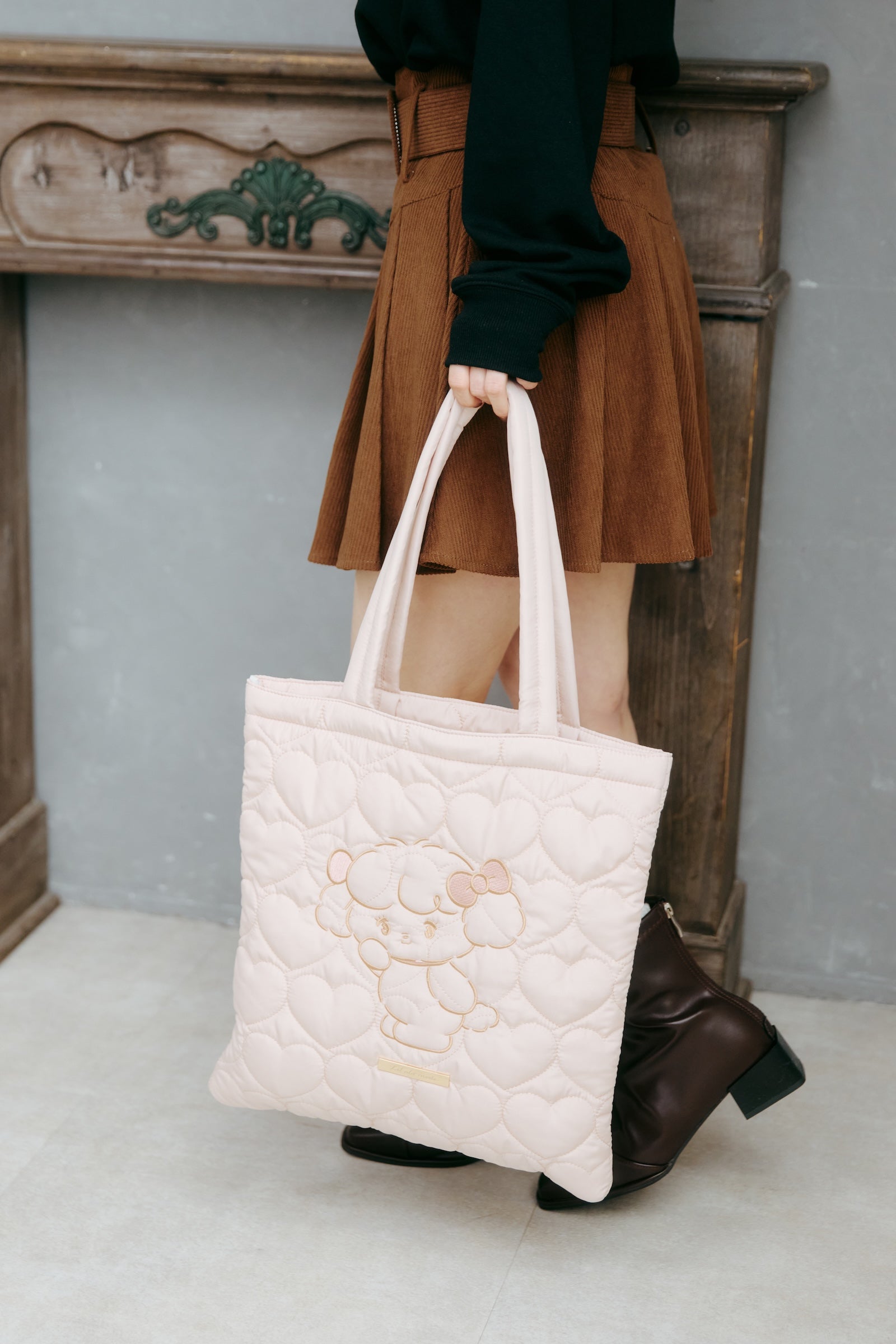 【2BUY10%OFF対象商品】Lil ala mode ハートキルティングトートバッグ ナッツ ピンク ONE