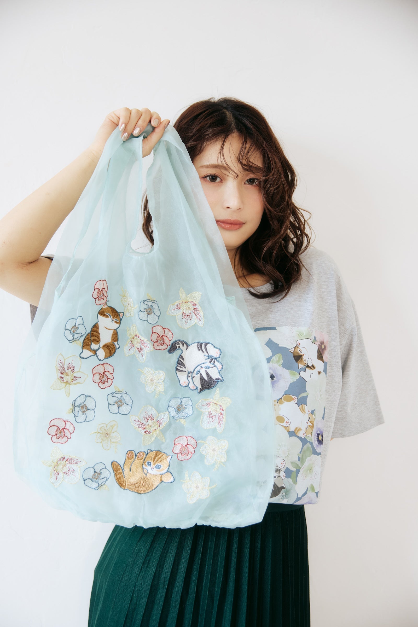花街のお持ち物　松　牡丹　藤　アンティーク日本刺繍ピース mofusand×日比谷花壇 チュールバッグ ウィンターオリジン ミント