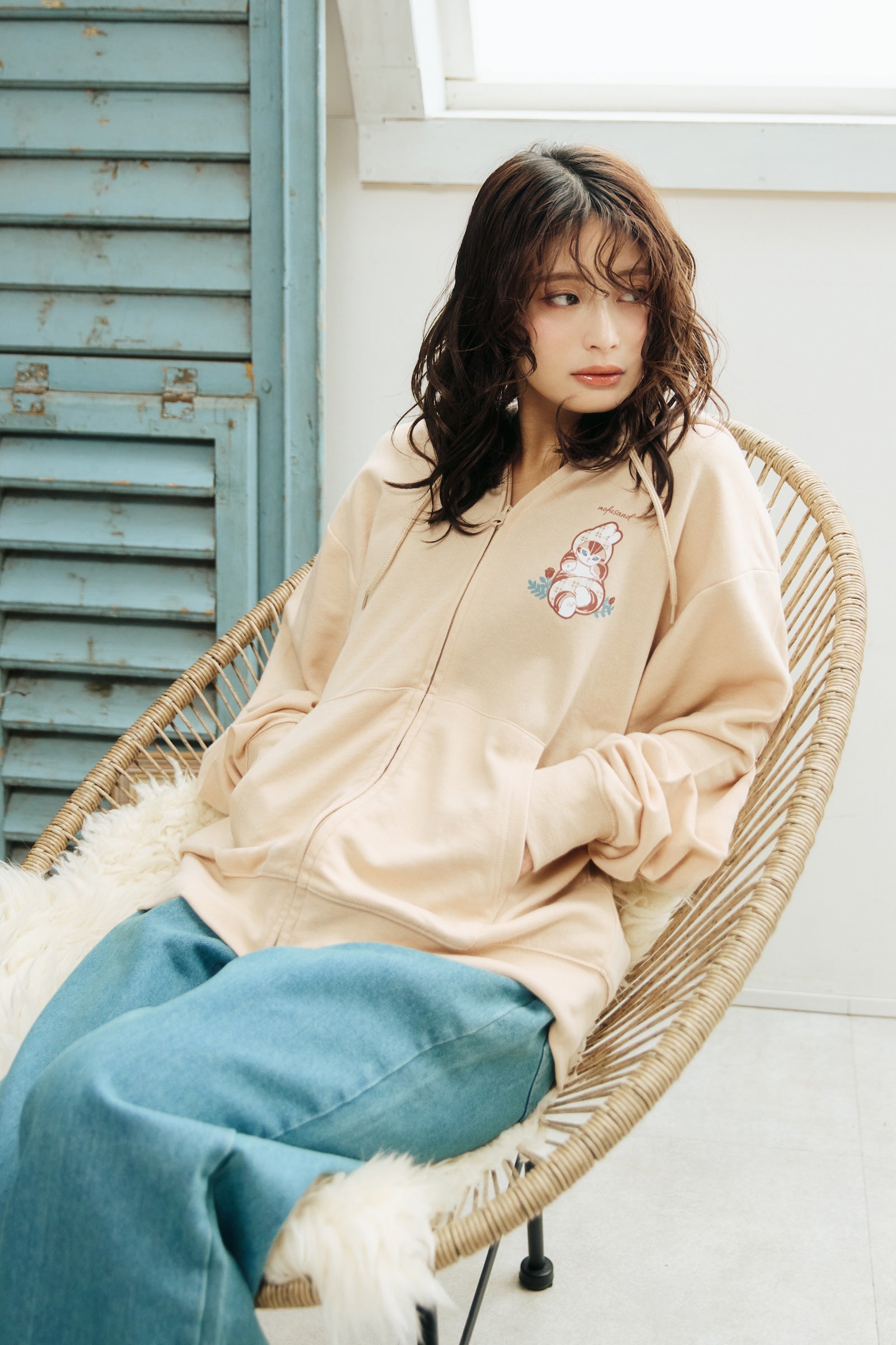 【2BUY10%OFF対象商品】mofusand ZIPパーカー カントリーチェック うさにゃん ナチュラル