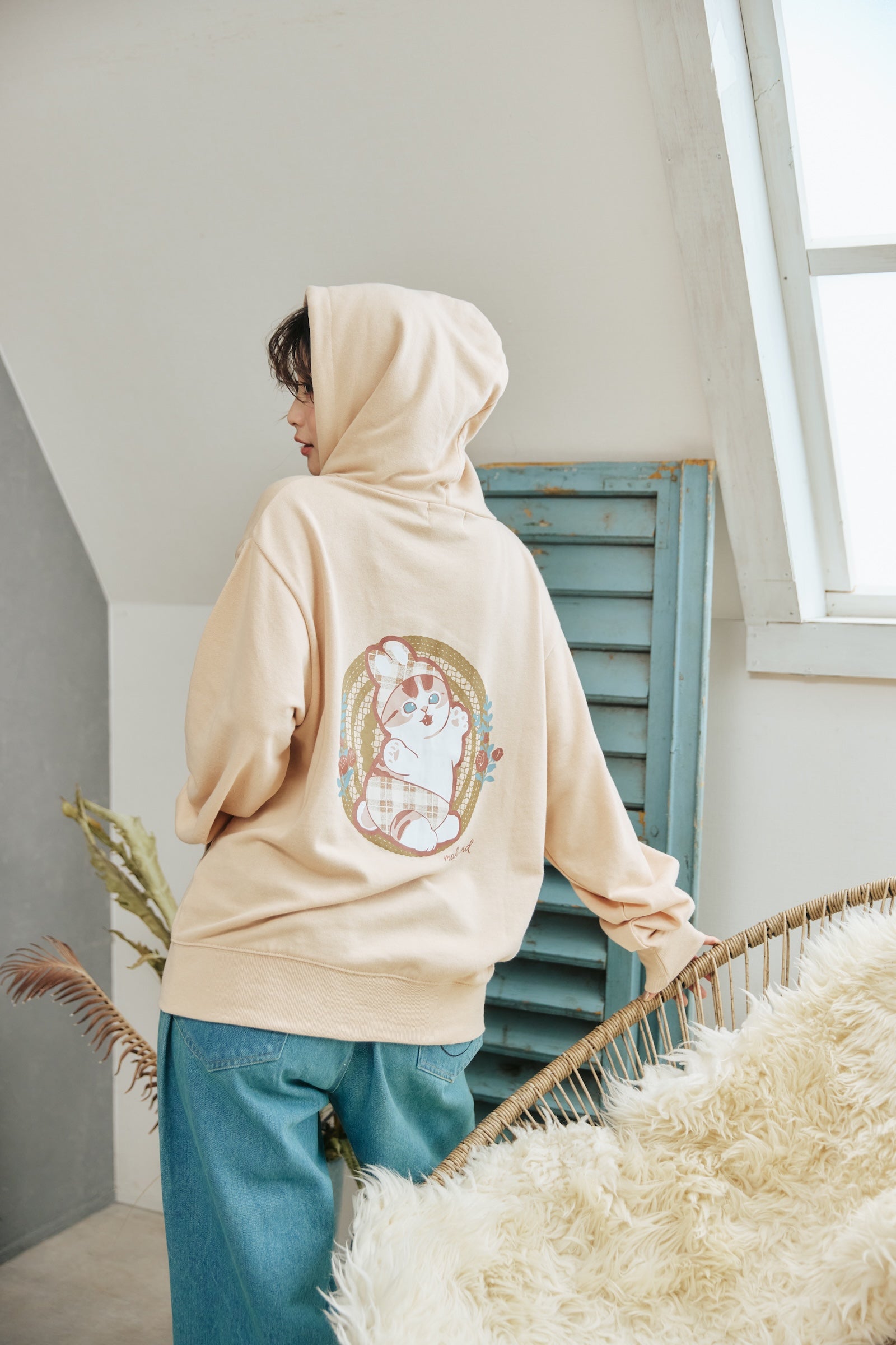 【2BUY10%OFF対象商品】mofusand ZIPパーカー カントリーチェック うさにゃん ナチュラル