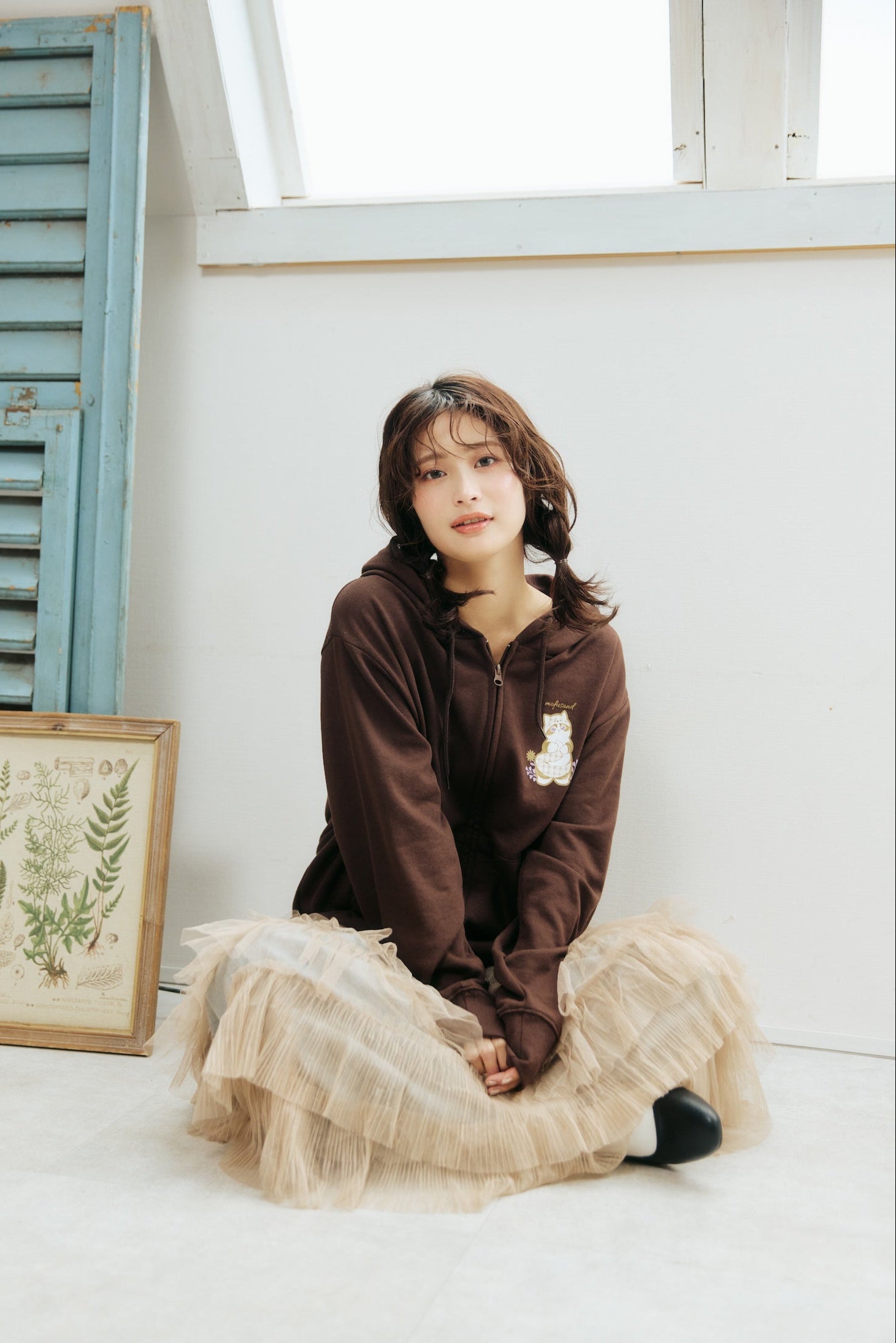 【2BUY10%OFF対象商品】mofusand ZIPパーカー カントリーチェック きつねにゃん ダークブラウン