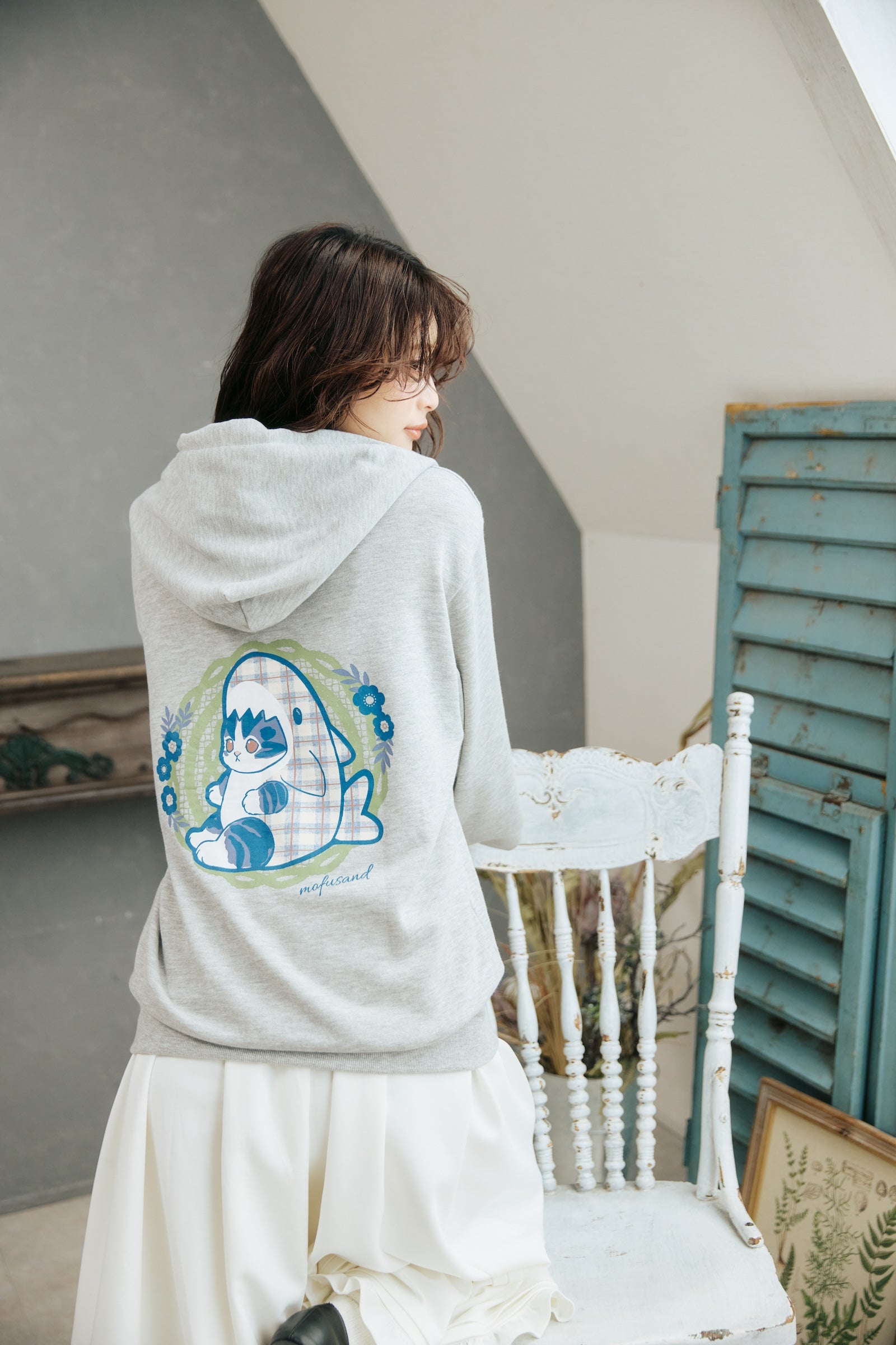 【2BUY10%OFF対象商品】mofusand ZIPパーカー カントリーチェック サメにゃん グレー