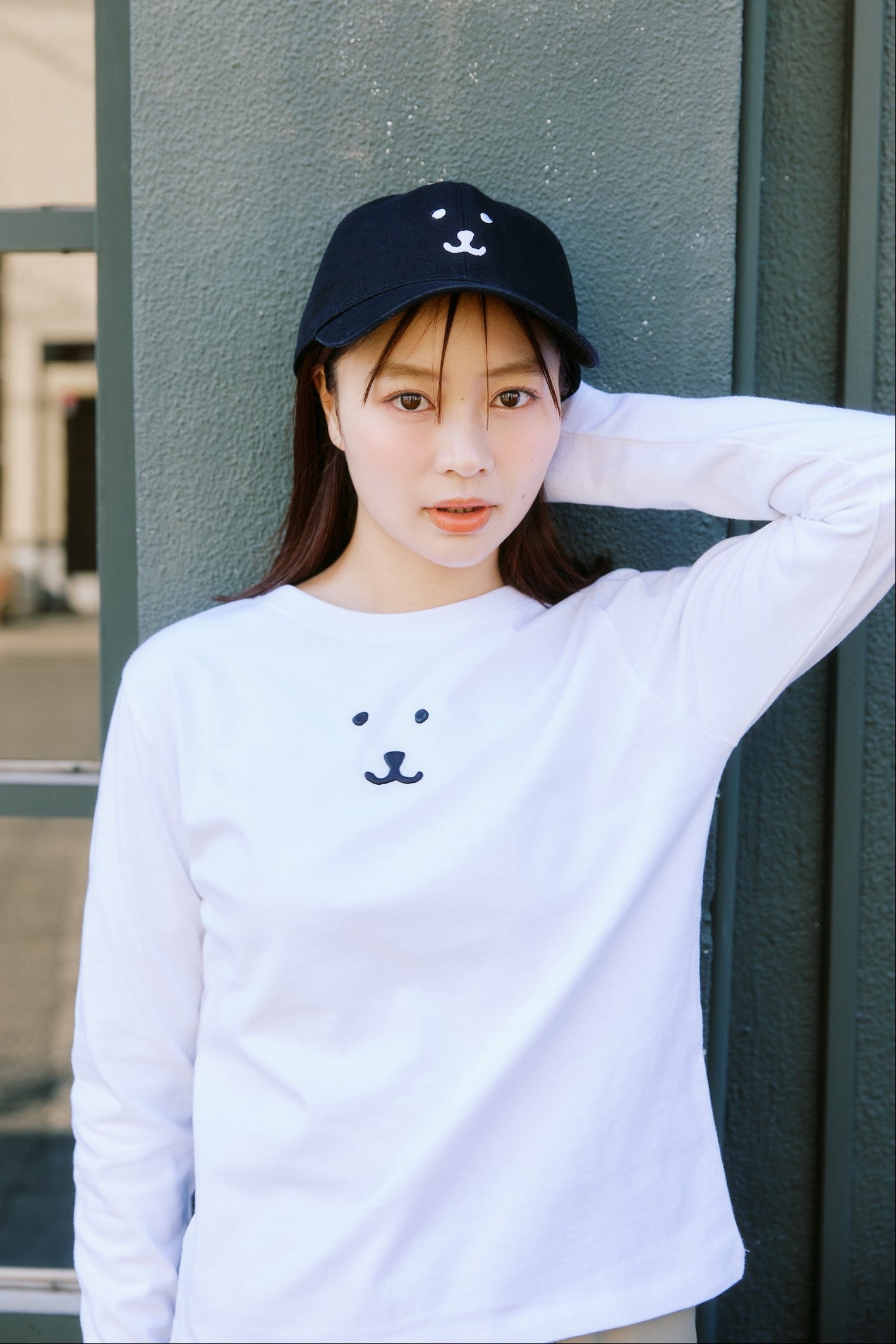 ナガノキャラクターズ 長袖Tシャツ モノクロなくま ホワイト