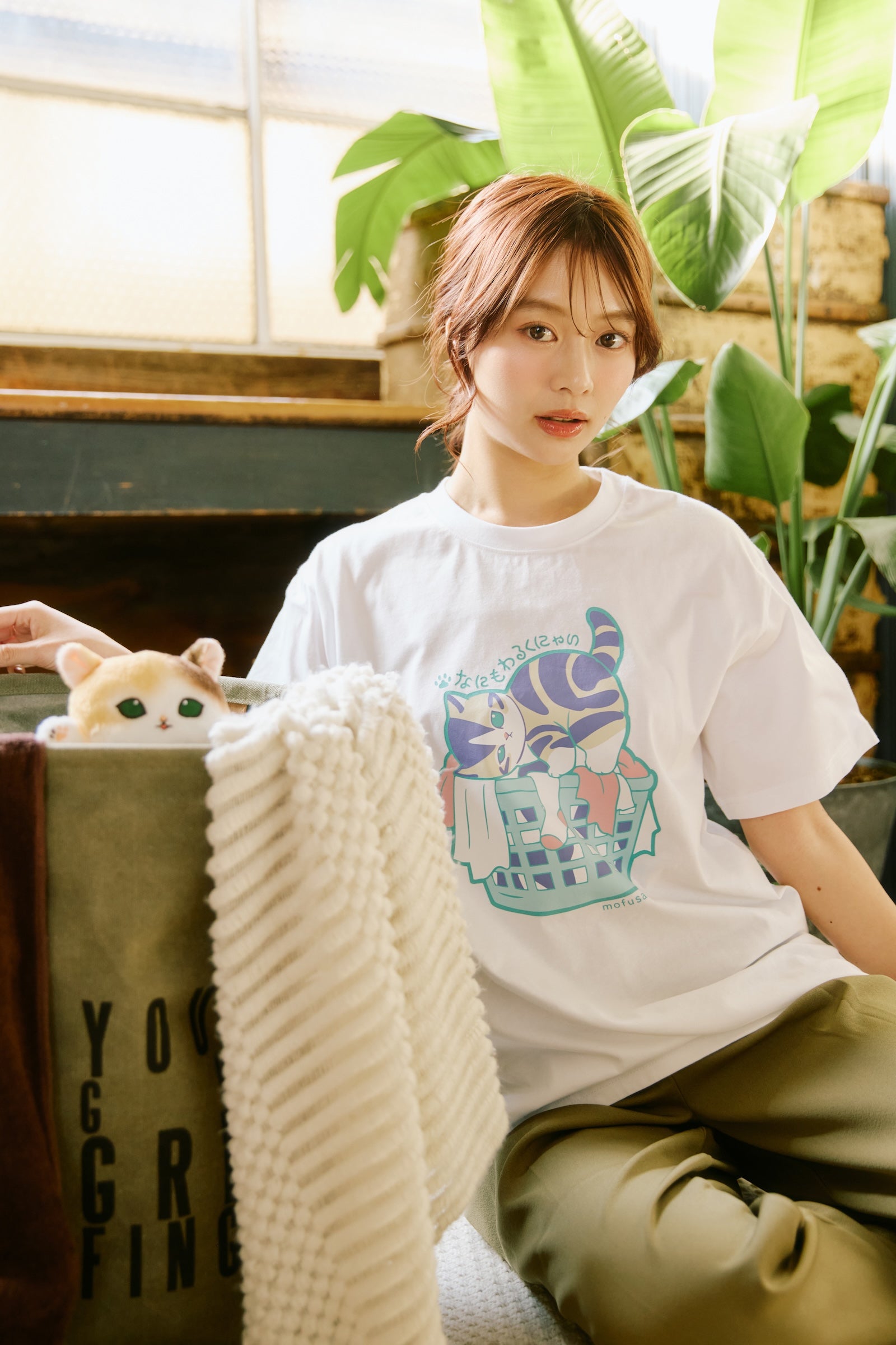 【2BUY10%OFF対象商品】mofusand Tシャツ なにもわるくにゃい 洗濯物だいすきにゃん ホワイト